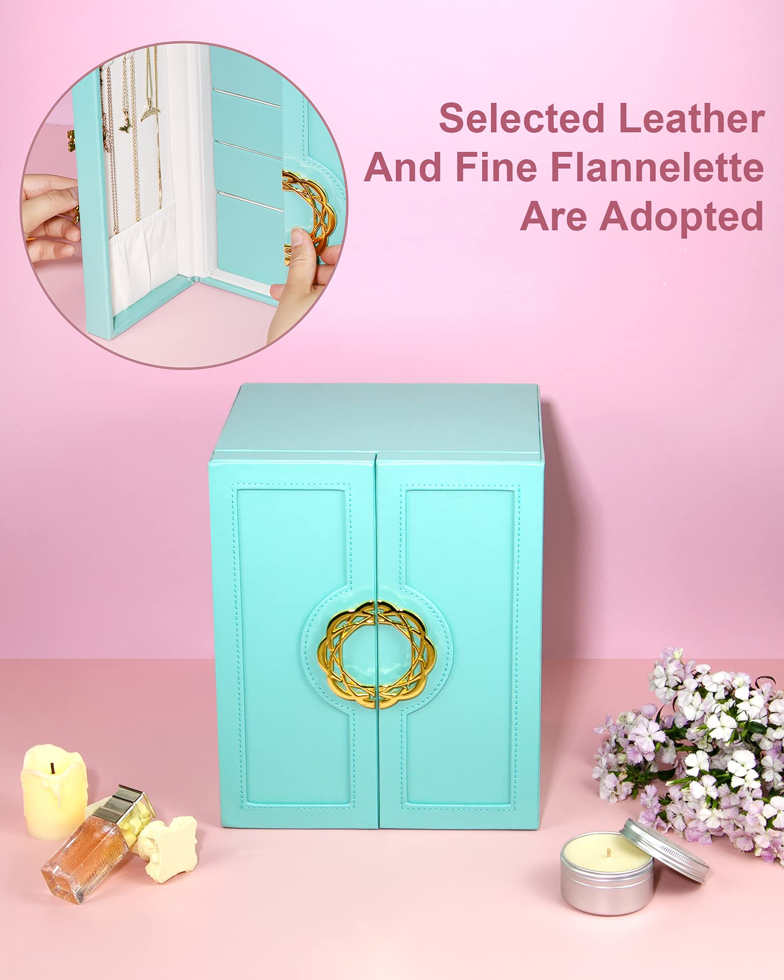Large Jewelry Organizer Box with 5 Drawers - Leather Storage Case for Necklaces, Earrings, Rings, Watches & Bracelets - Perfect Gift for Women & Girls (Blue) | Bedroom Vanity, Closet & Travel Jewelry Storage Solution