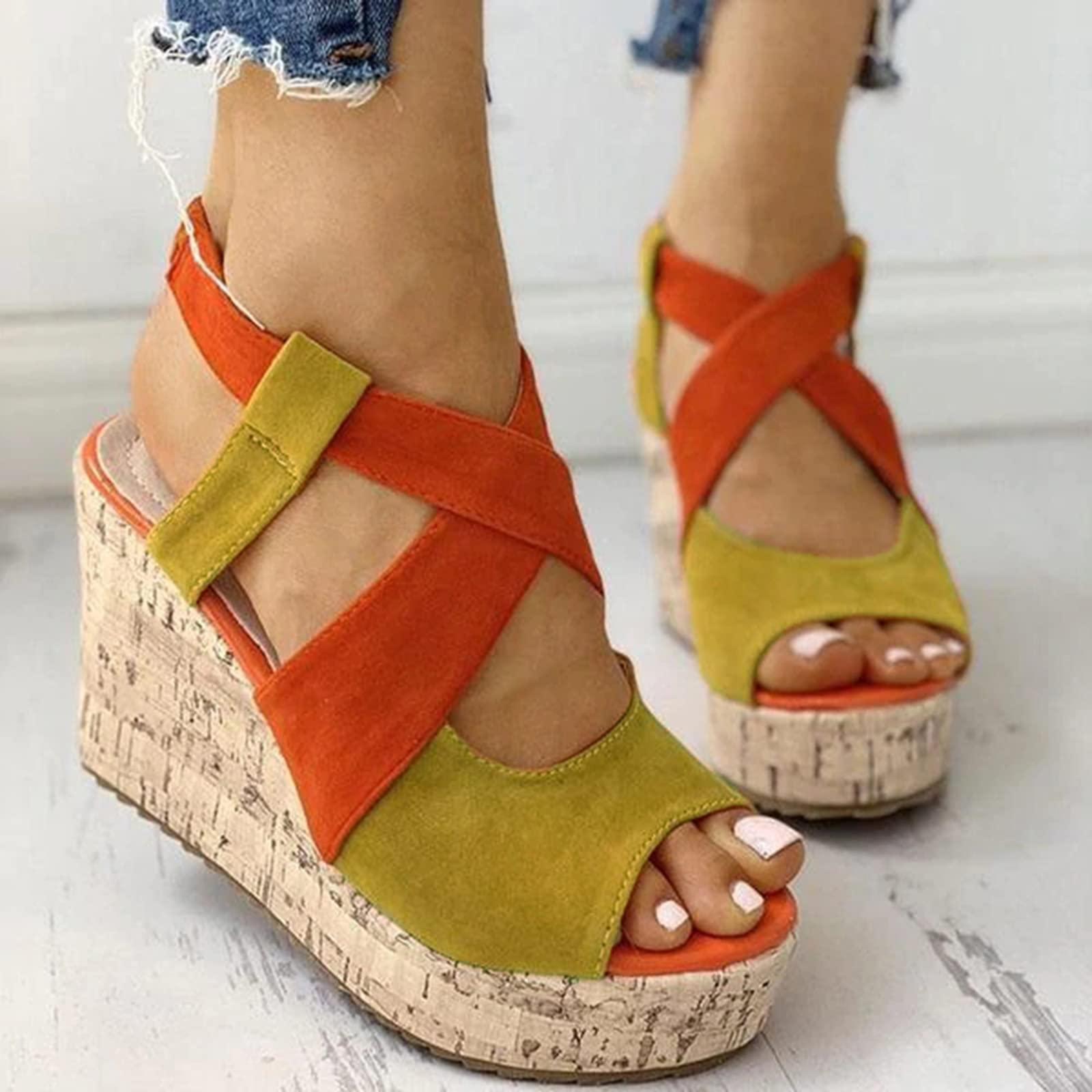 **Women's Color Block Wedge Sandals 2022 - Open Toe Buckle Casual Platform Wedges for Summer | Beach, Vacation & Everyday Wear**