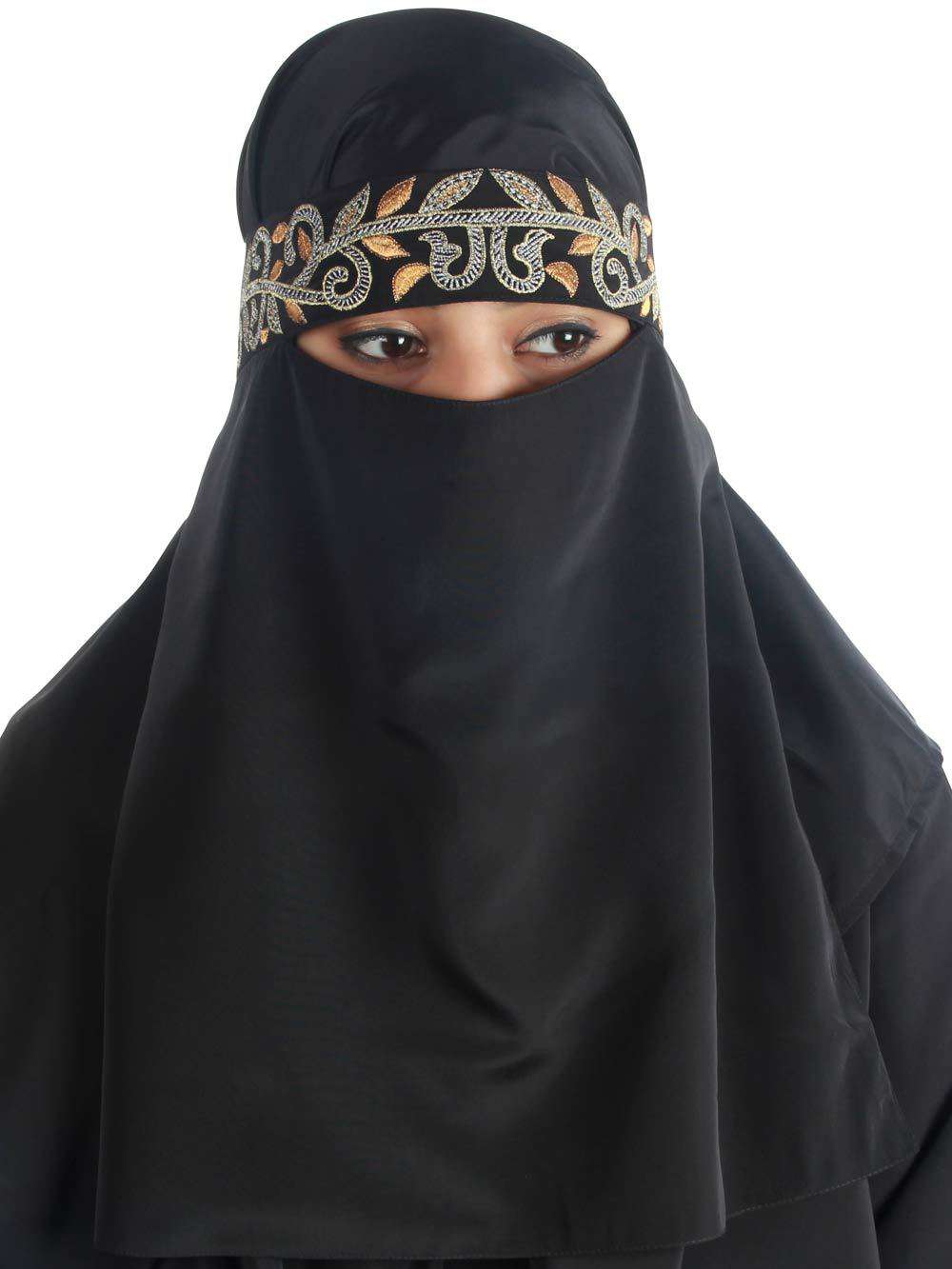 Hifza Black Crepe Embroidered Niqab - Islamic Face Veil for Women - Perfect for Prayer, Modest Fashion, and Special Occasions