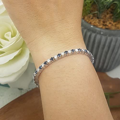 Dazzlingrock Collection 14K Solid White Gold Round Cut Real Blue Sapphire & White Diamond Tennis Bracelet for Women | Elegant Gift for Anniversary, Wedding & Special Occasions