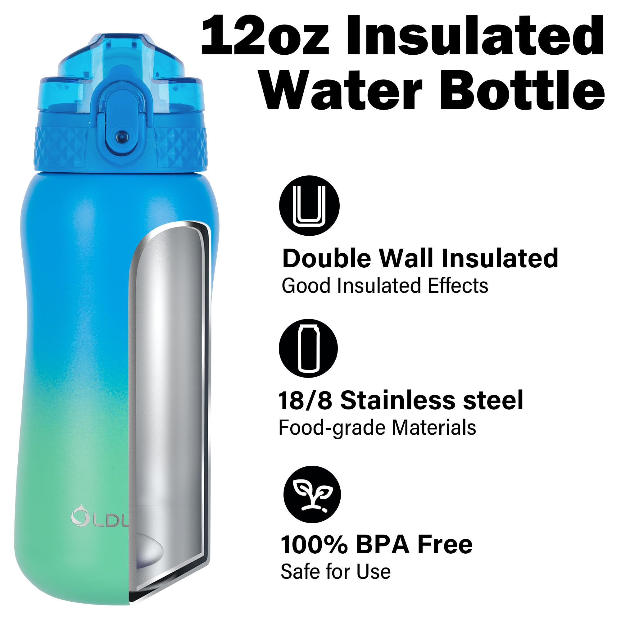 OLDLEY 12oz Insulated Stainless Steel Water Bottle with Straw & 2 Lids - Double Wall Vacuum Kids Water Bottle for School, Sports, Travel - Leak Proof & Eco Friendly - Perfect for School Lunches, Gym Workouts & Outdoor Adventures (Tropical Rainforest Design)