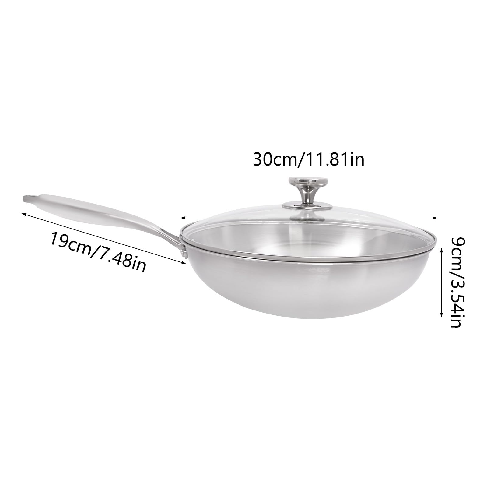 30cm Duoruameng Stainless Steel Induction Wok Pan with Tempered Glass Lid - Compatible with Gas & Induction, Easy to Clean - Perfect for Stir-Frying, Sautéing & Asian Cooking