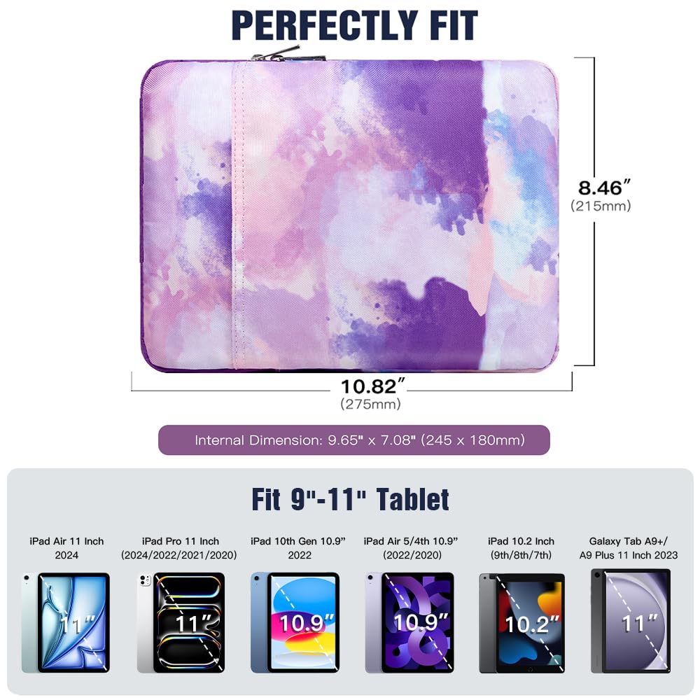 TiMOVO 9-11 Inch Tablet Sleeve Case - Compatible with iPad 10.2 (2021-2022), iPad Air 5/4, iPad Pro 11 (2024), Galaxy Tab S9/S8/A8/A7 - Protective Pouch with Smart Keyboard Fit - Watercolor Purple - Perfect for Travel, Work & School