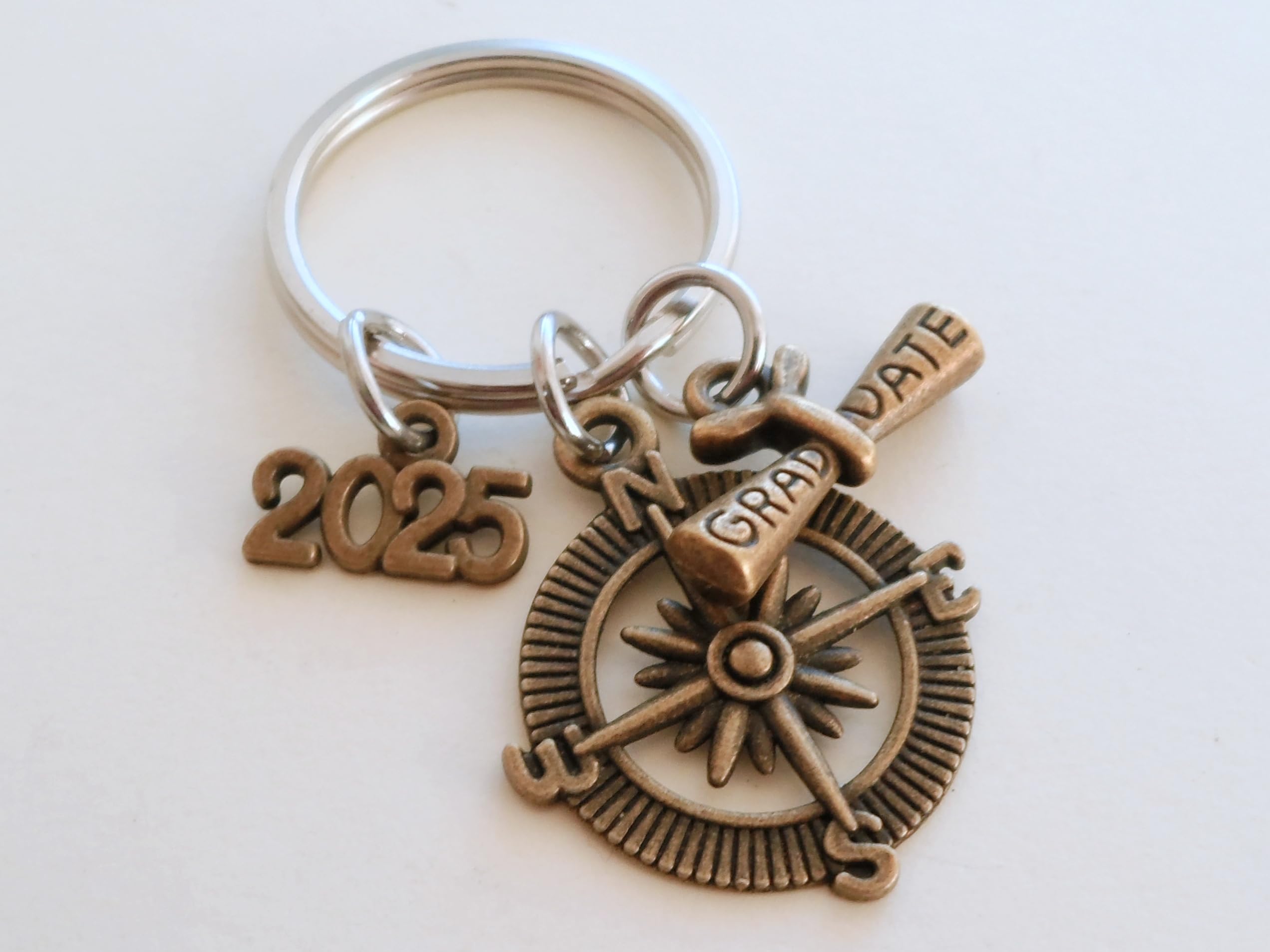 2025 Graduation Bronze Compass Charm Keychain - Personalized Class of 2025 Graduate Gift with Engraved Charm - Perfect for High School & College Graduation Parties, Commencement Ceremonies & Graduation Gift Giving