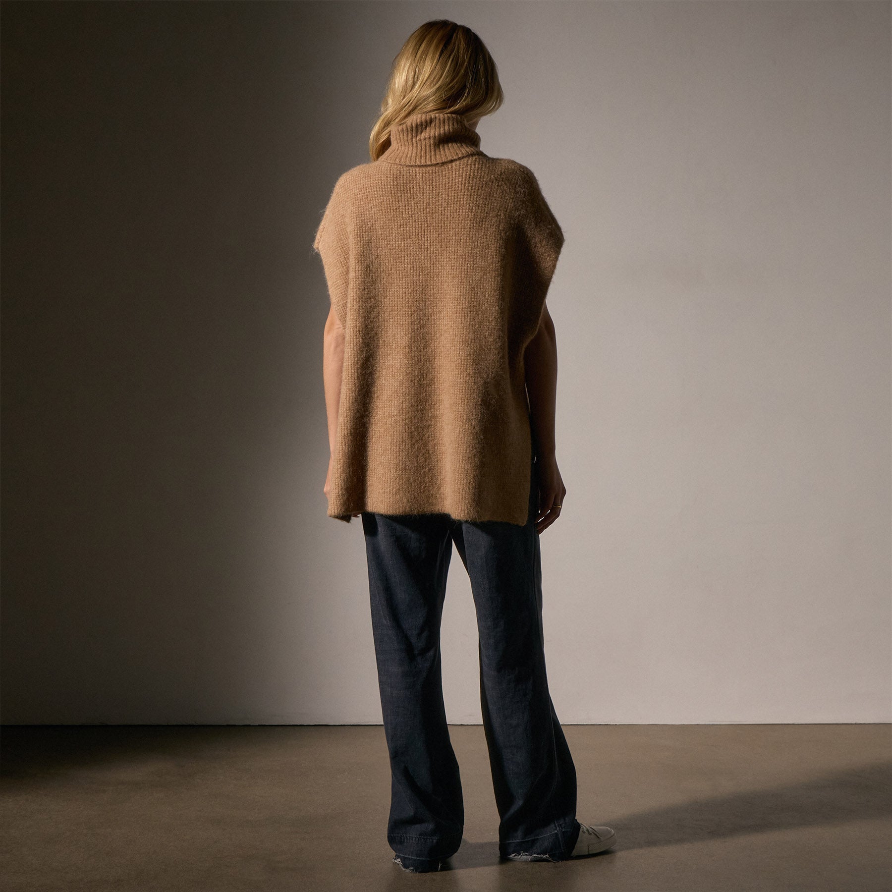 Waffle Knit Funnel Neck Tunic Sweater in Camel Color | Cozy Winter Pullover for Women | Perfect for Layering, Casual Outfits & Office Wear