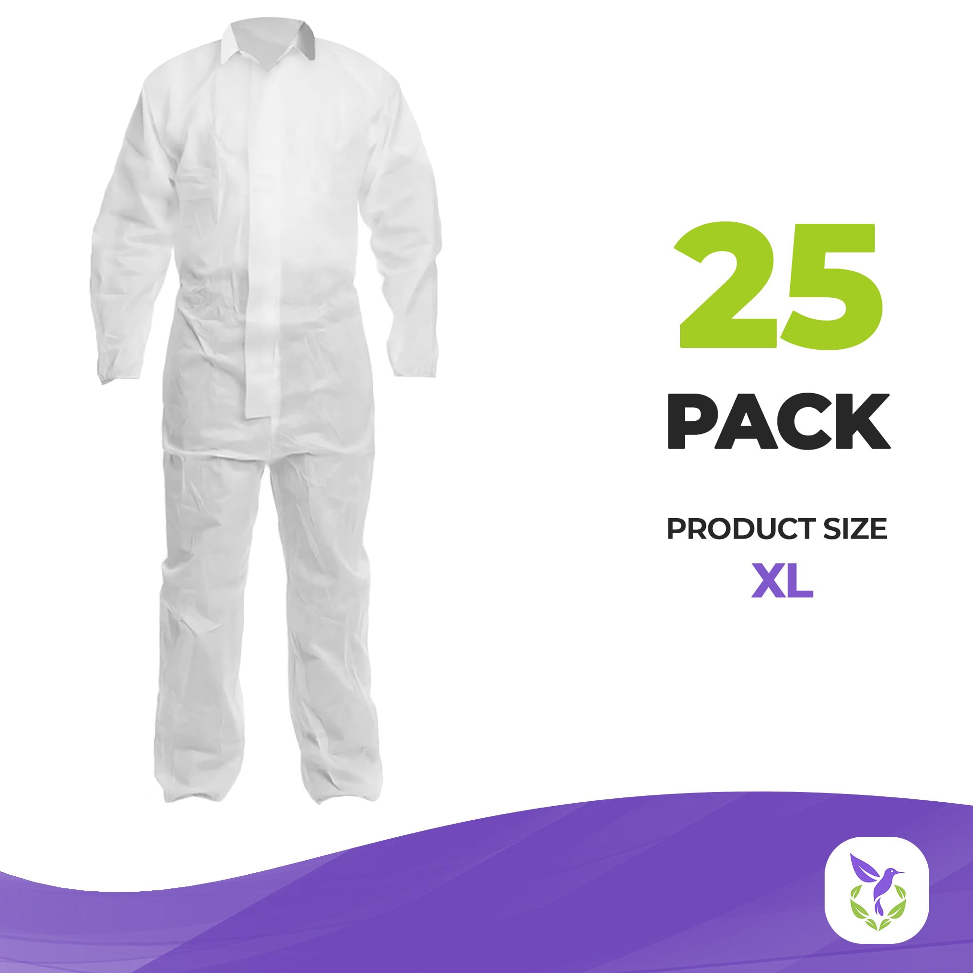 AMZ Medical Supply White Disposable Coveralls for Men & Women - X-Large Size, Pack of 25 Hazmat Suits | 70 gm/m2 Polypropylene Protective Clothing with Front Zipper | Unisex Paint Suit for Medical, Construction & Chemical Protection | Open Cut Wrists & Ankles for Comfort