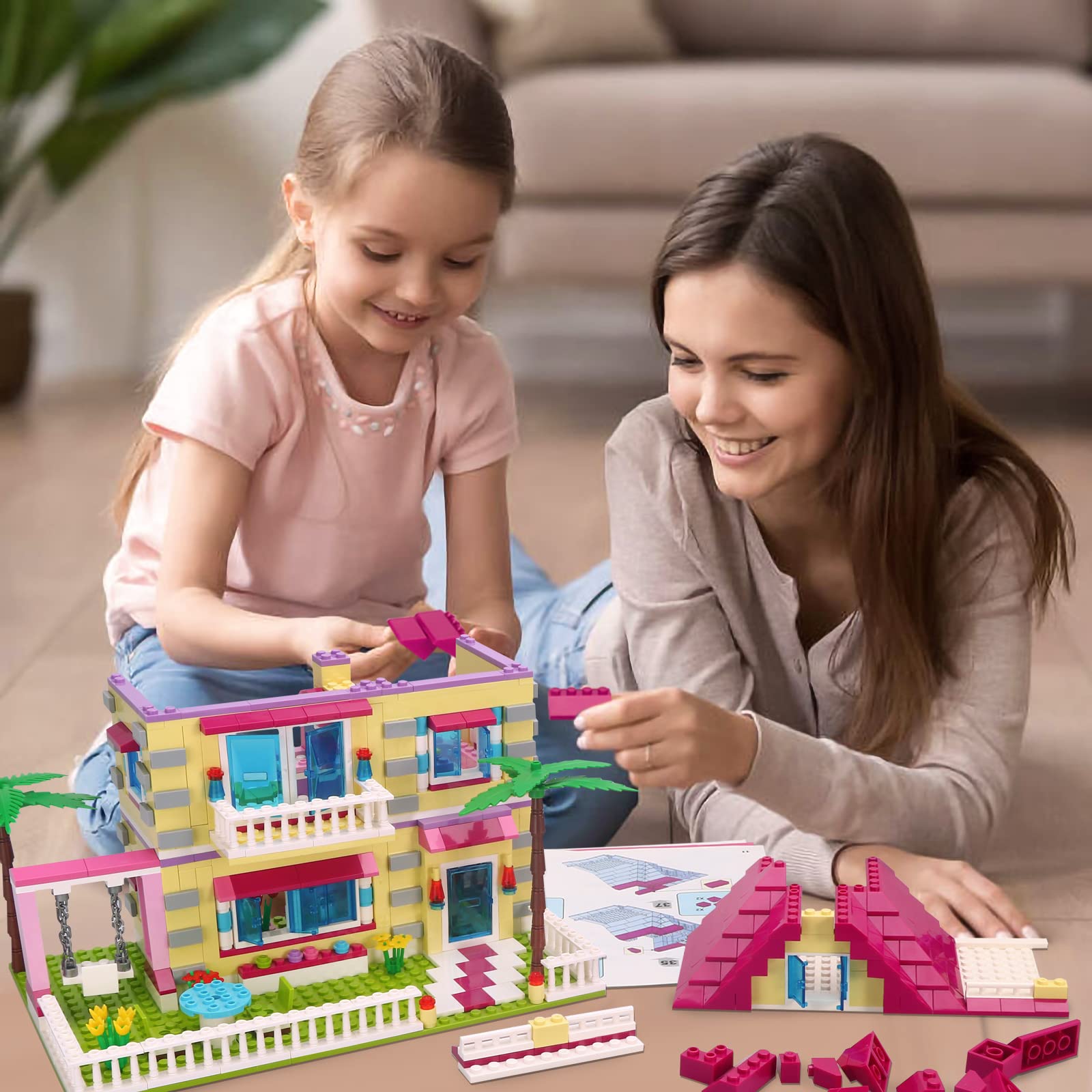 **BRICK STORY Girls Friends House Building Kit - 892 PCS Big Villa Building Blocks, City Family Beach House Model Toy Set with 4 Mini Figures & Car - Creative Play for Kids Ages 6+ | Perfect for Indoor Play, Birthday Gifts & STEM Learning**