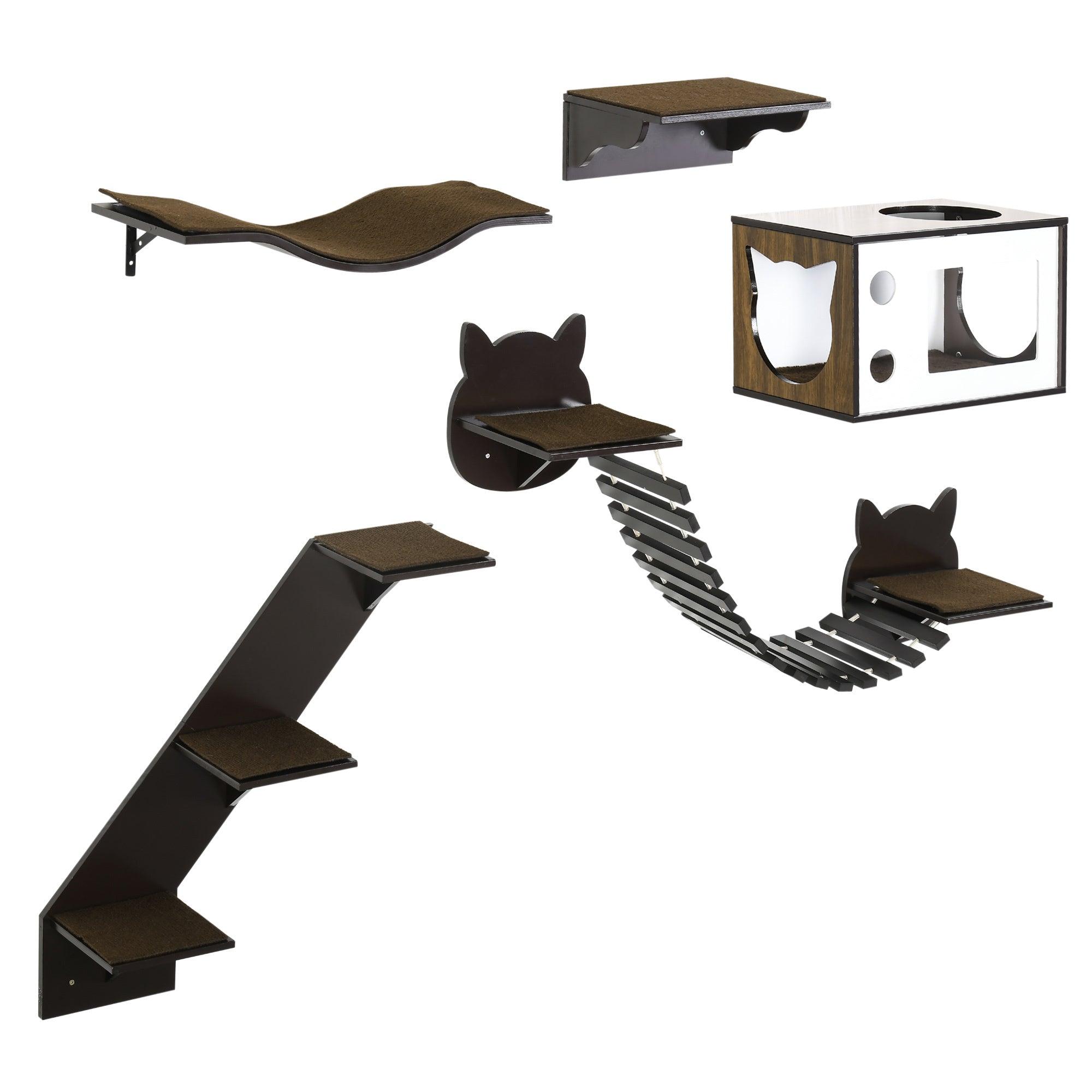 Ergonomic Cat Shelves with Cozy House, Bridge & Stairs - Wall Mounted Cat Climbing Playground for Indoor Cats - Modern Coffee Brown Cat Tree for Play, Rest & Exercise