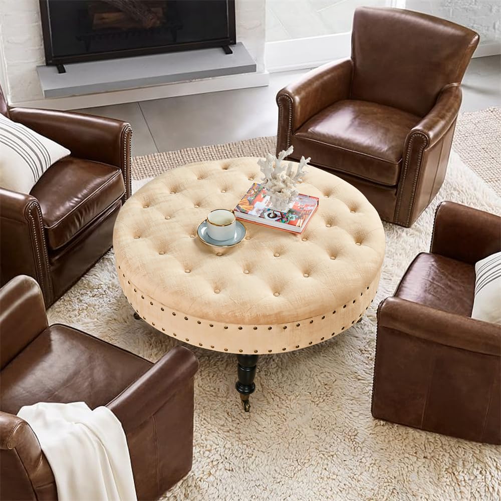 Round Velvet Tufted Ottoman Coffee Table - 34