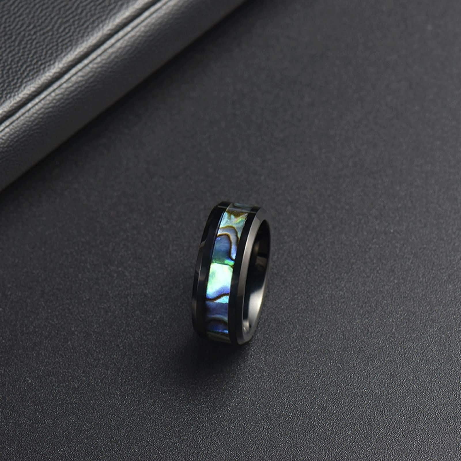Custom Stainless Steel 8MM Abalone Shell Engagement Ring for Men - Black Wedding Band Size 6-14 - Perfect for Proposals, Anniversaries & Unique Gifts