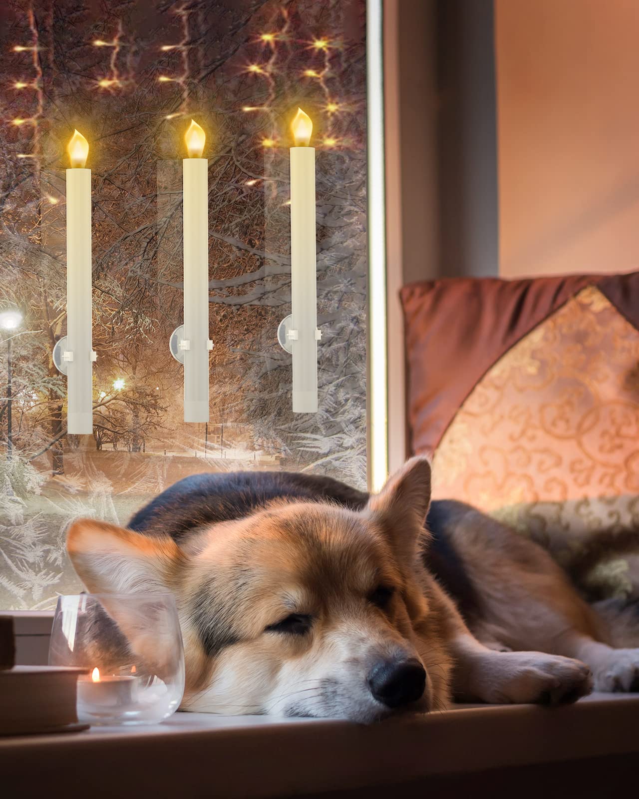 RONXS LED Window Candles with Timer - Battery Operated Flameless Flickering Candles for Christmas Decorations - Includes 2 Remote Controls & 12 Gold Candle Holders - Perfect for Holiday Home Decor, Winter Weddings, and Cozy Ambiance Lighting