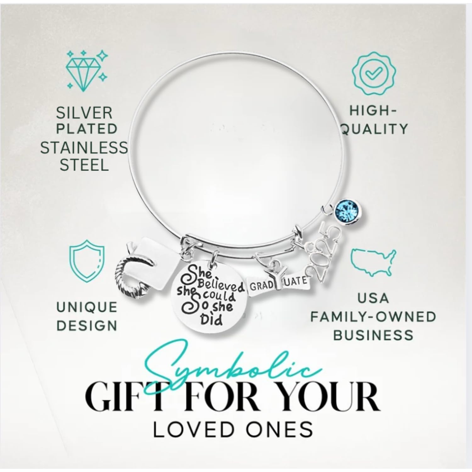 Personalized 2025 Graduation Bangle Bracelet with Birthstone Charm - She Believed She Could So She Did Inspirational Jewelry Gift for Graduates | Perfect for High School & College Graduation Ceremonies, Commencement Gifts & Achievement Celebrations