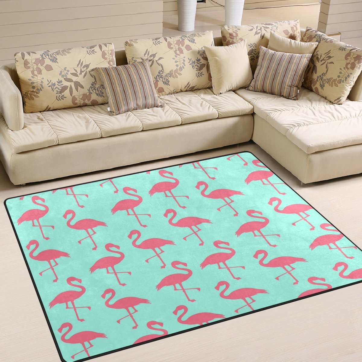 Vintage Flamingo Bird Area Rug - 7' x 5' Non-Slip Cartoon Print Rug for Living Room, Bedroom, Nursery - Soft Boho Home Decor for Kids Room & Dorm