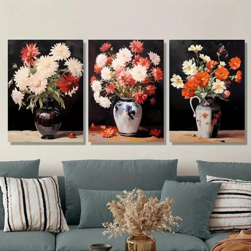 3-Piece Ink Floral Vase Metal Wall Art Prints - Modern Classic Ready to Hang Home Decor for Living Room, Bedroom & Office