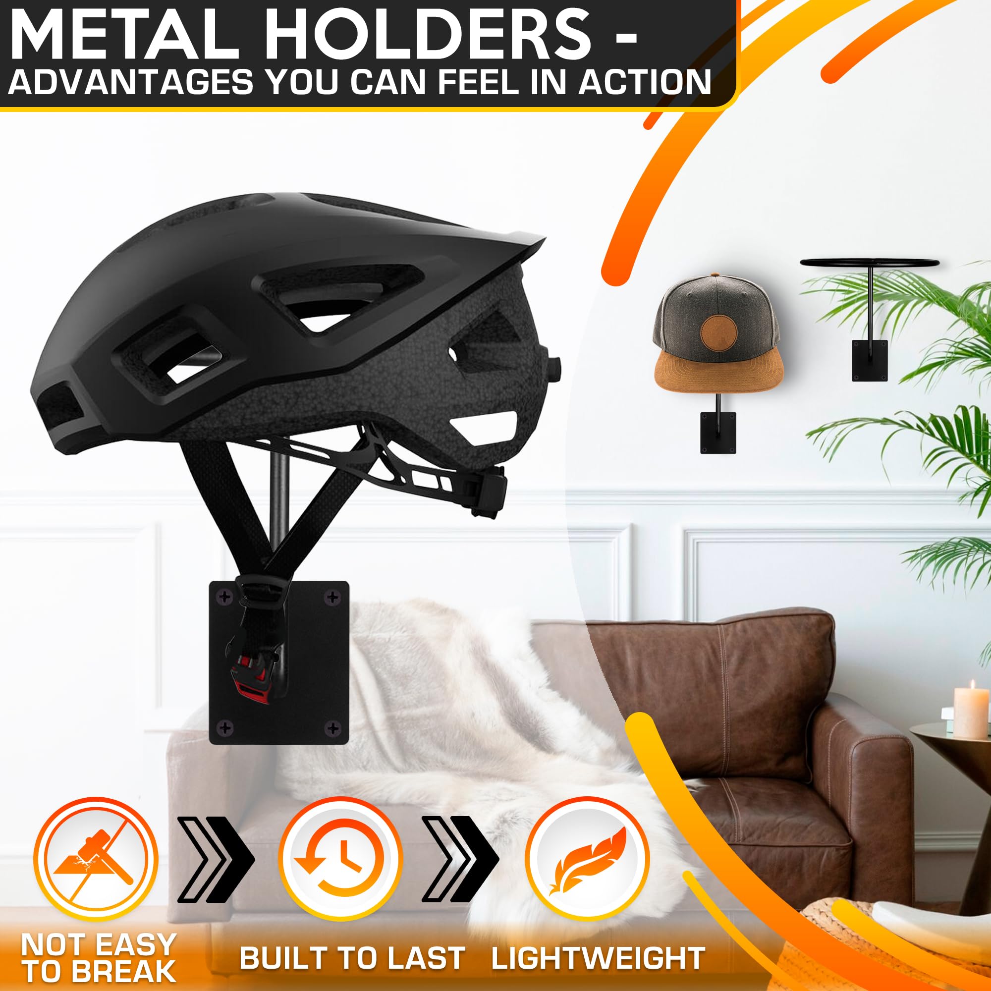 BURIUS 9-Piece Heavy Duty Wall Mount Helmet & Hat Holder - Sturdy Metal Hook Rack for Helmets, Cowboy Hats, Caps & Accessories - Easy Installation, 35 lb Weight Capacity - Perfect for Garage, Entryway & Closet Organization