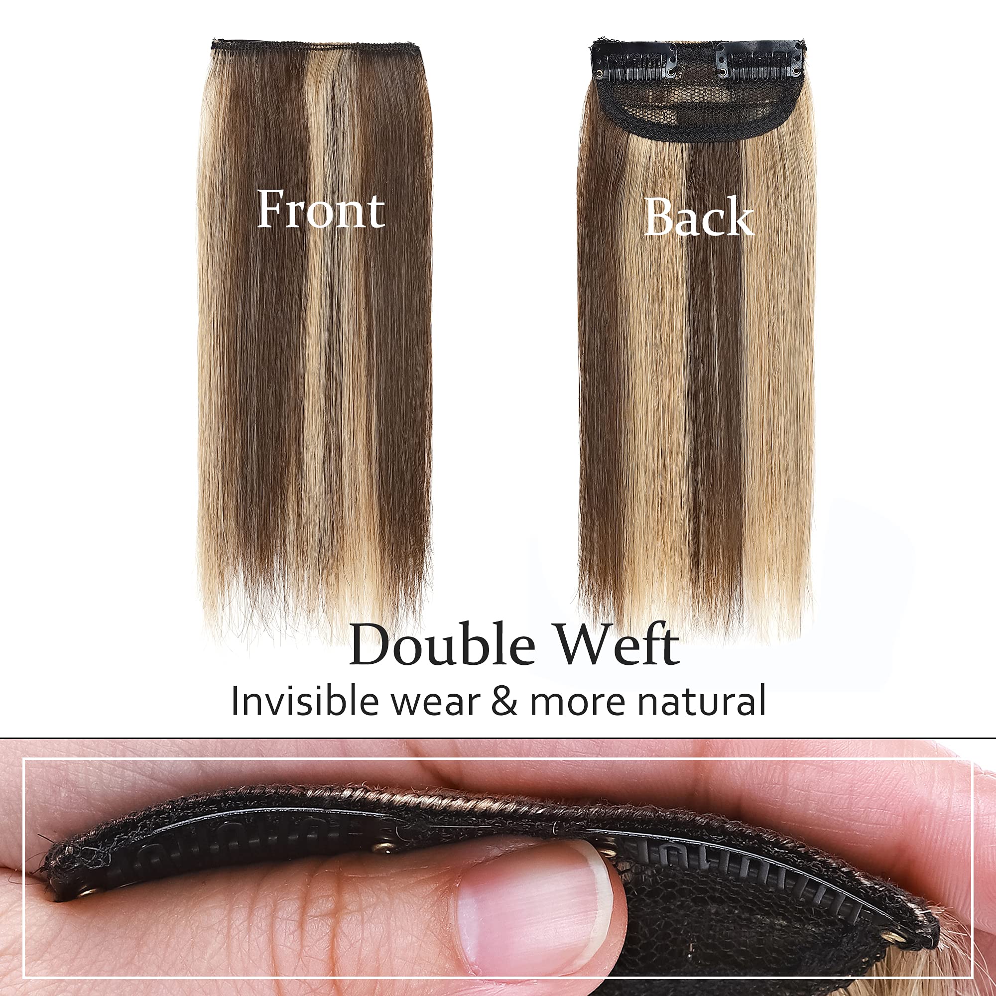 SEGO Clip-in Short Human Hair Extensions 12 Inch - Real Human Hair Toppers for Women with Thinning Hair, Adds Volume (1 Piece, 17g, #4P27 Medium Brown & Dark Blonde) - Perfect for Daily Styling, Parties & Special Occasions