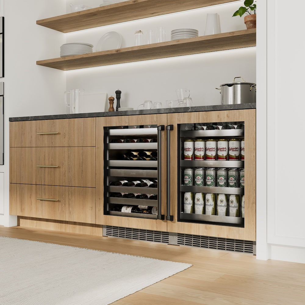 ZLINE Autograph Edition 24 Inch Touchstone Dual Zone 44 Bottle Wine Cooler with Panel Ready Glass Door & Matte Black Handle - Perfect for Home Bars, Wine Cellars, and Entertaining (RWDPOZ 24 MB)