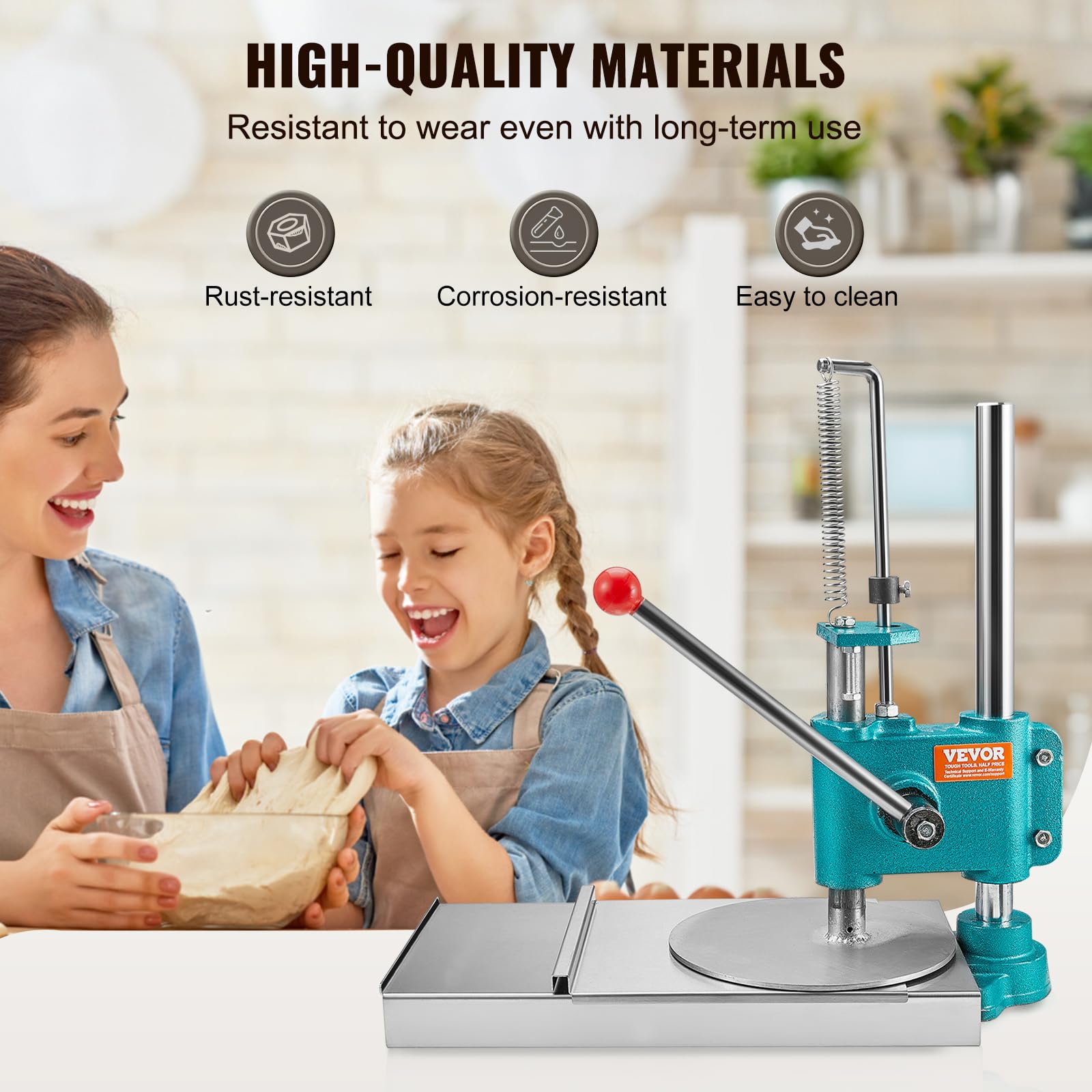 VEVOR 9.5 Inch Stainless Steel Pizza Dough Press Machine - Adjustable Height for Perfect Homemade Pizza, Chapati & Crust - Commercial & Home Kitchen Use for Restaurants, Pizzerias & Baking Enthusiasts
