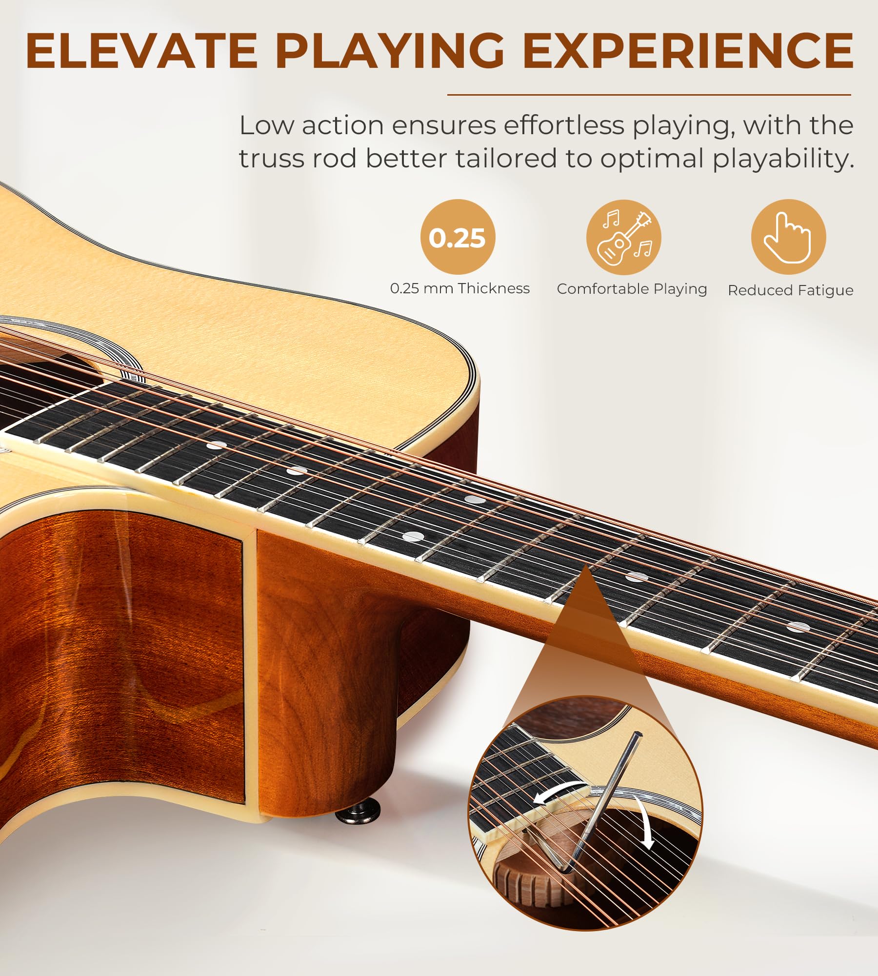 Vangoa 12 String Acoustic Electric Guitar - Spruce Top, Sapele Body, Bone Nut, Natural Gloss Finish | Perfect for Performances, Recording & Live Shows