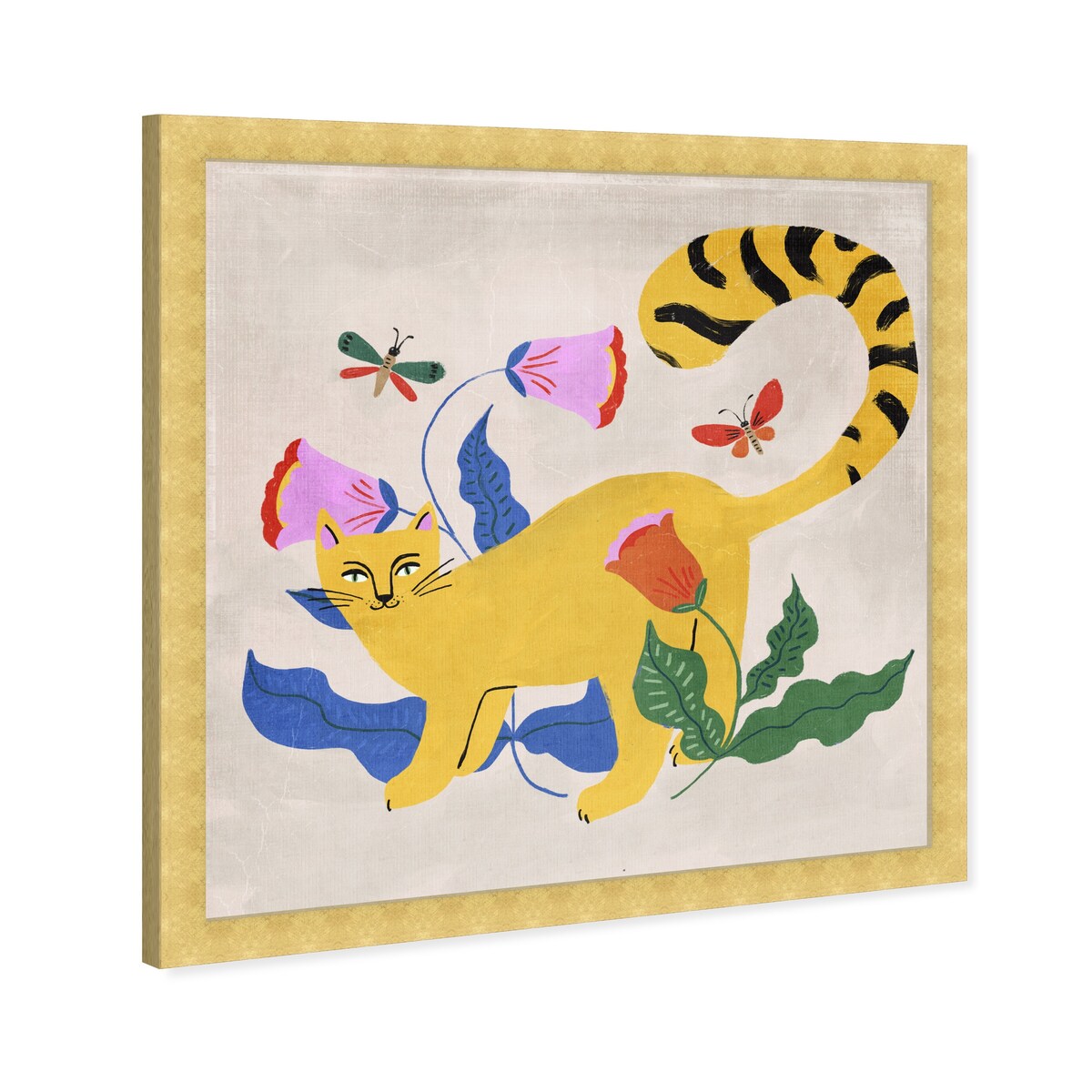 Blonde Tabby Floral Kitten Butterfly Garden Modern Yellow Framed Wall Art Print - Cute Cat Painting for Bedroom, Living Room & Nursery Decor
