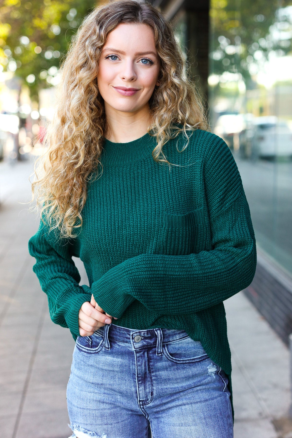 Stylish Hunter Green Mock Neck Knit Sweater with Chest Pocket - Cozy Winter Wear for Women | Perfect for Casual Outings & Office Attire