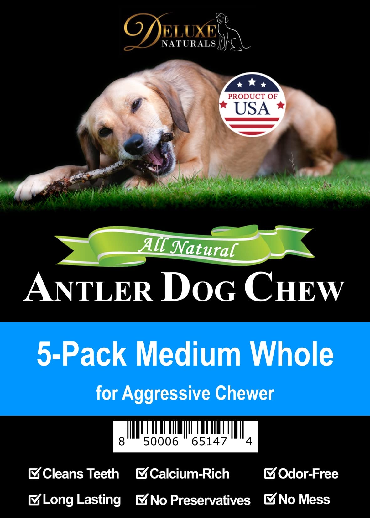 Premium USA-Collected Elk Antler Dog Chews - All Natural A-Grade Medium Whole Antlers (5-Pack) | Naturally Shed & Safe for Aggressive Chewers | Perfect for Dental Health & Long-Lasting Entertainment