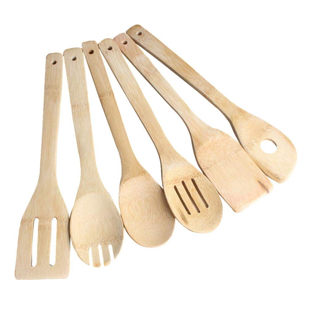 6-Piece Bamboo Kitchen Utensil Set - Wooden Spoons & Slice Tools for Cooking, Baking & Serving - Eco-Friendly Cutlery for Home Chefs & Professional Kitchens
