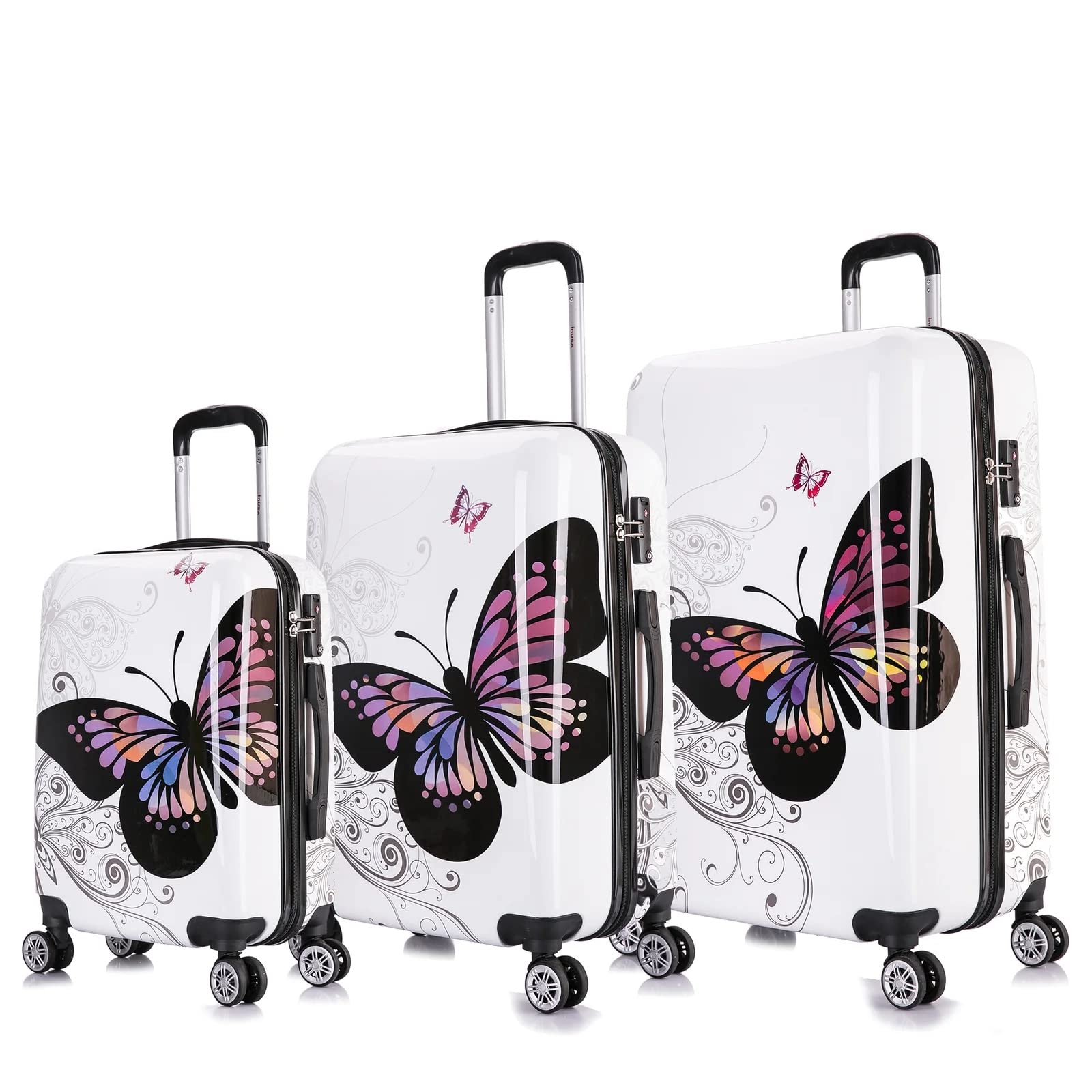 InUSA Butterfly Print Luggage Set with 360° Spinner Wheels - 3-Piece Durable Lightweight Hardside Suitcase (20in, 24in, 28in) for Women Travel | Carry-On & Checked Bag for Airplane, Vacation & Business Trips