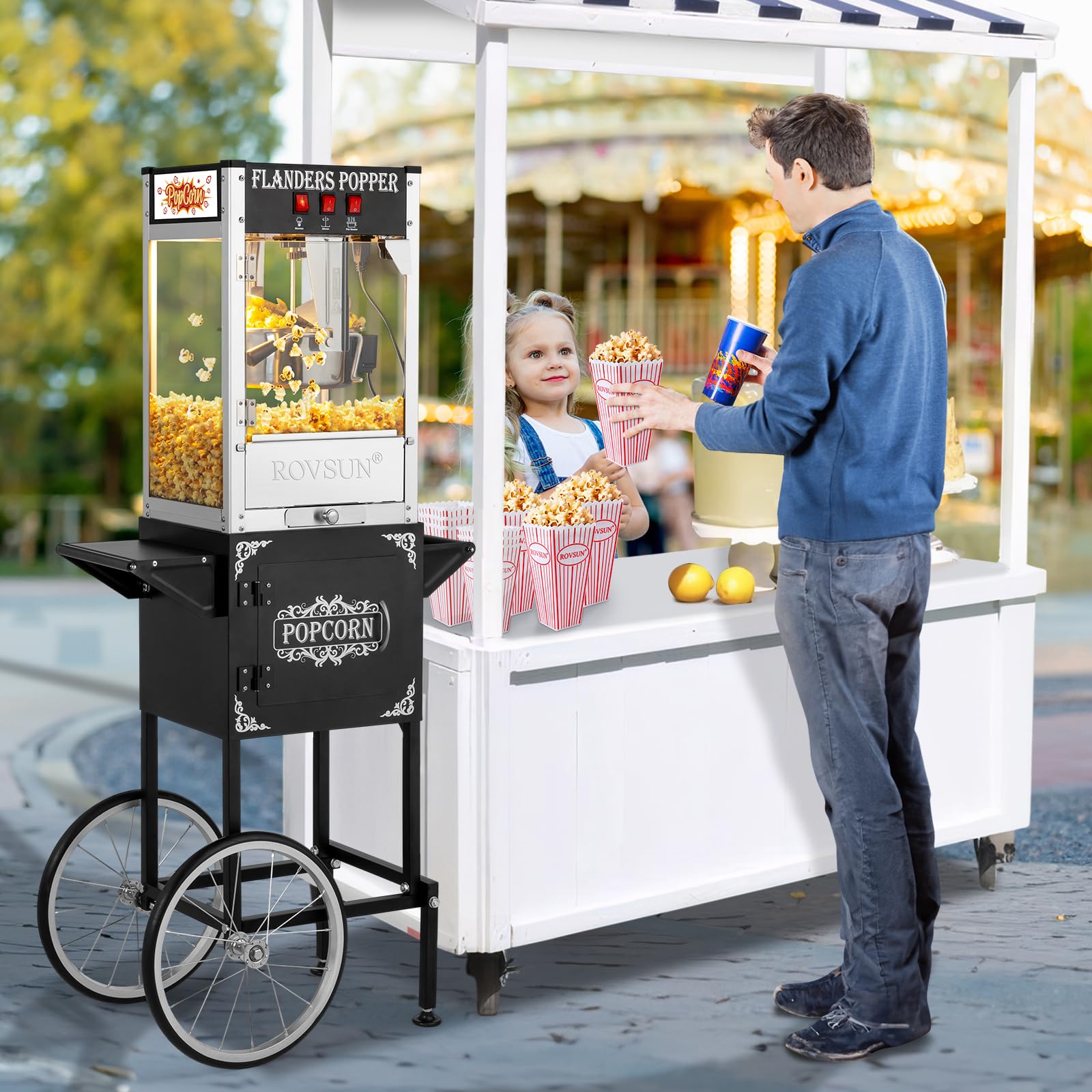 ROVSUN 8oz Commercial Popcorn Machine with Cart & Wheels - 850W Movie Theater Style Popcorn Maker for Home & Business - Includes Scoop, Oil Spoon & 3 Cups (Makes 32 Cups) - Perfect for Movie Nights, Parties, Carnivals & Concession Stands - Black