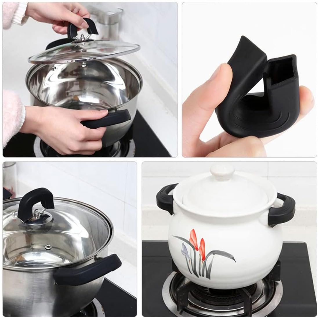 LEEQBCR 6-Piece Silicone Pot Handle Holders Set - Heat Resistant & Non-Slip Cookware Grips for Pans & Pots - Safe & Comfortable Kitchen Accessories for Cooking, Baking & Serving (Black)