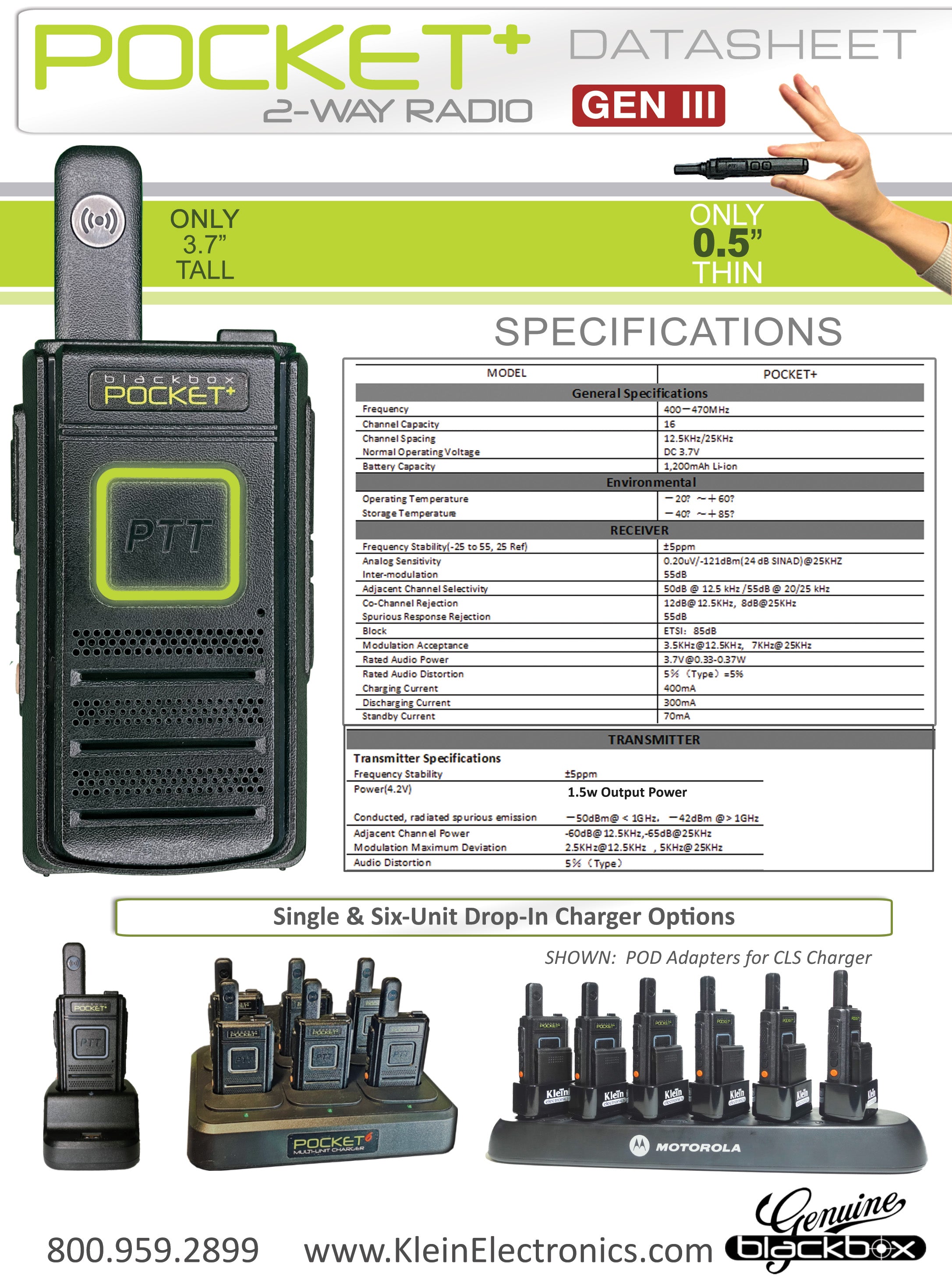 Klein Blackbox Pocket+ UHF Radio with Motorola Connector - 16 Channel Two-Way Radio for Construction, Security & Outdoor Adventures