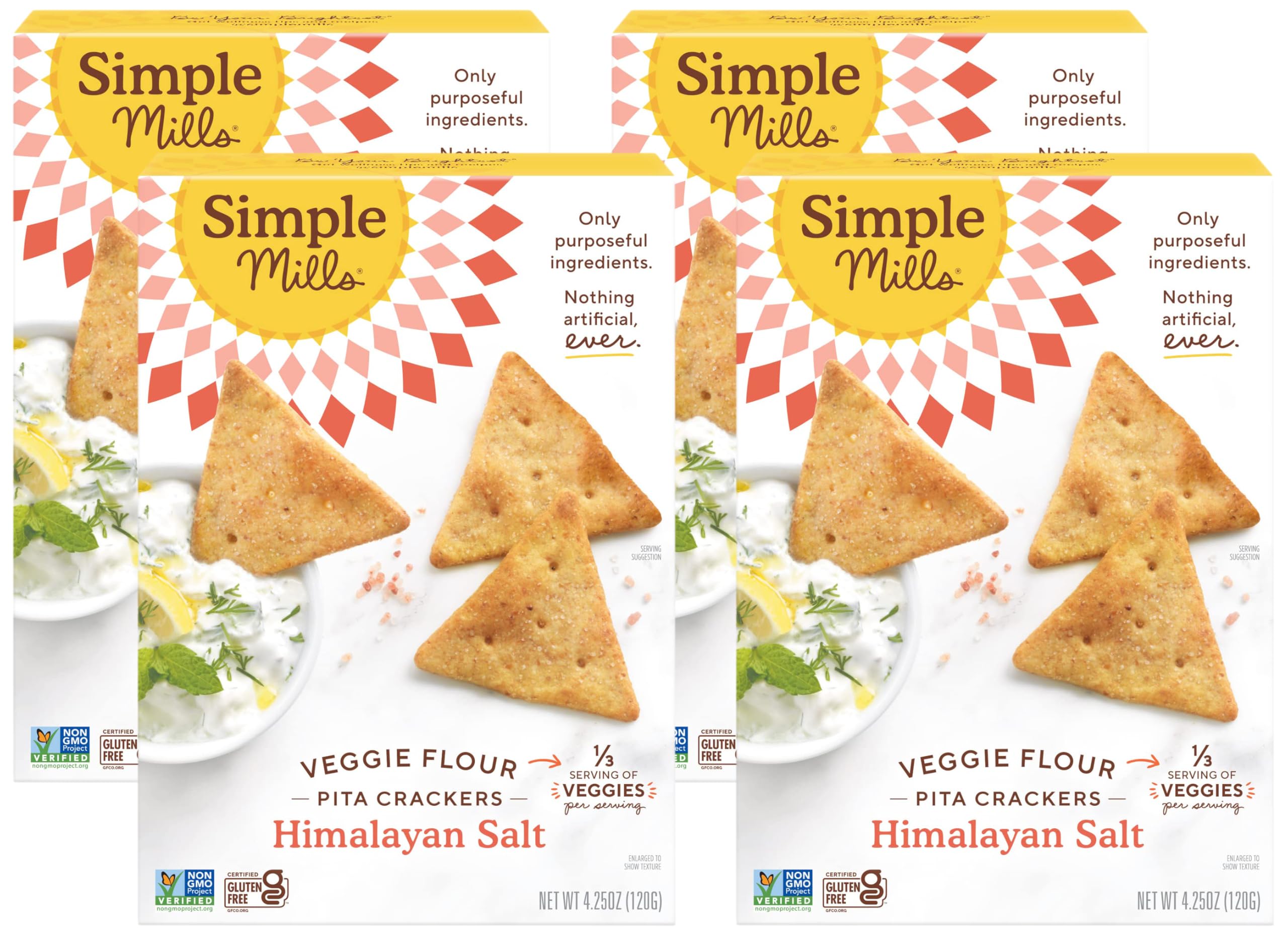 Simple Mills Veggie Pita Crackers with Himalayan Salt - Gluten Free, Vegan, Paleo Friendly Healthy Snacks, 4.25oz (Pack of 4) | Perfect for Lunchboxes, Parties & On-the-Go Snacking