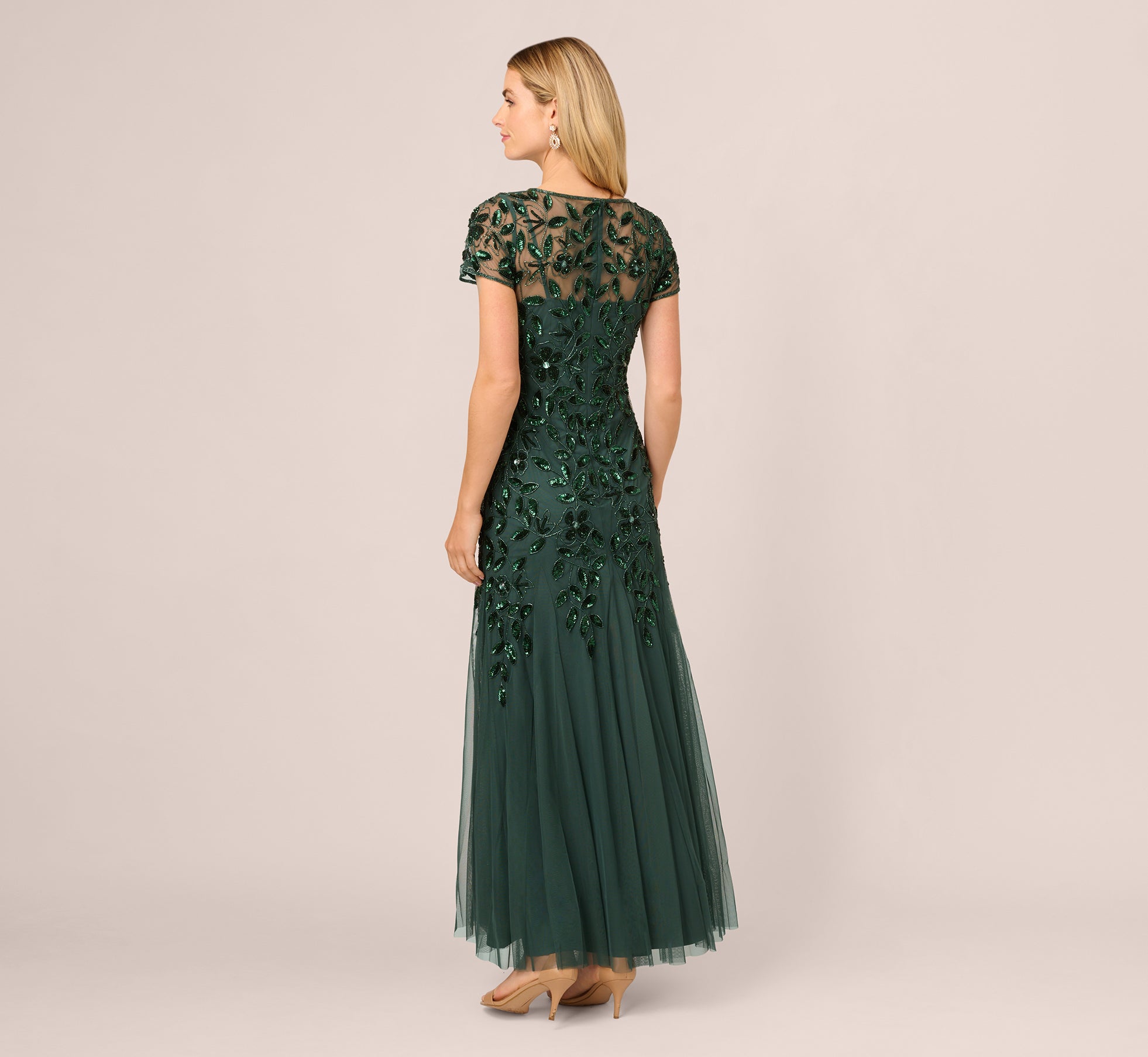 Hand Beaded Short Sleeve Floral Godet Gown in Dusty Emerald - Elegant Boho Maxi Dress for Weddings, Parties & Special Occasions