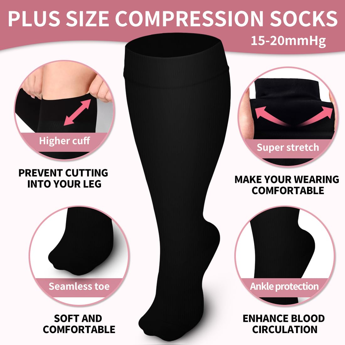 Hebe Plus Size Compression Socks for Women & Men - 3 Pairs Wide Calf Knee High Support Socks for Circulation & Swelling Relief - Perfect for Travel, Nursing & Varicose Veins