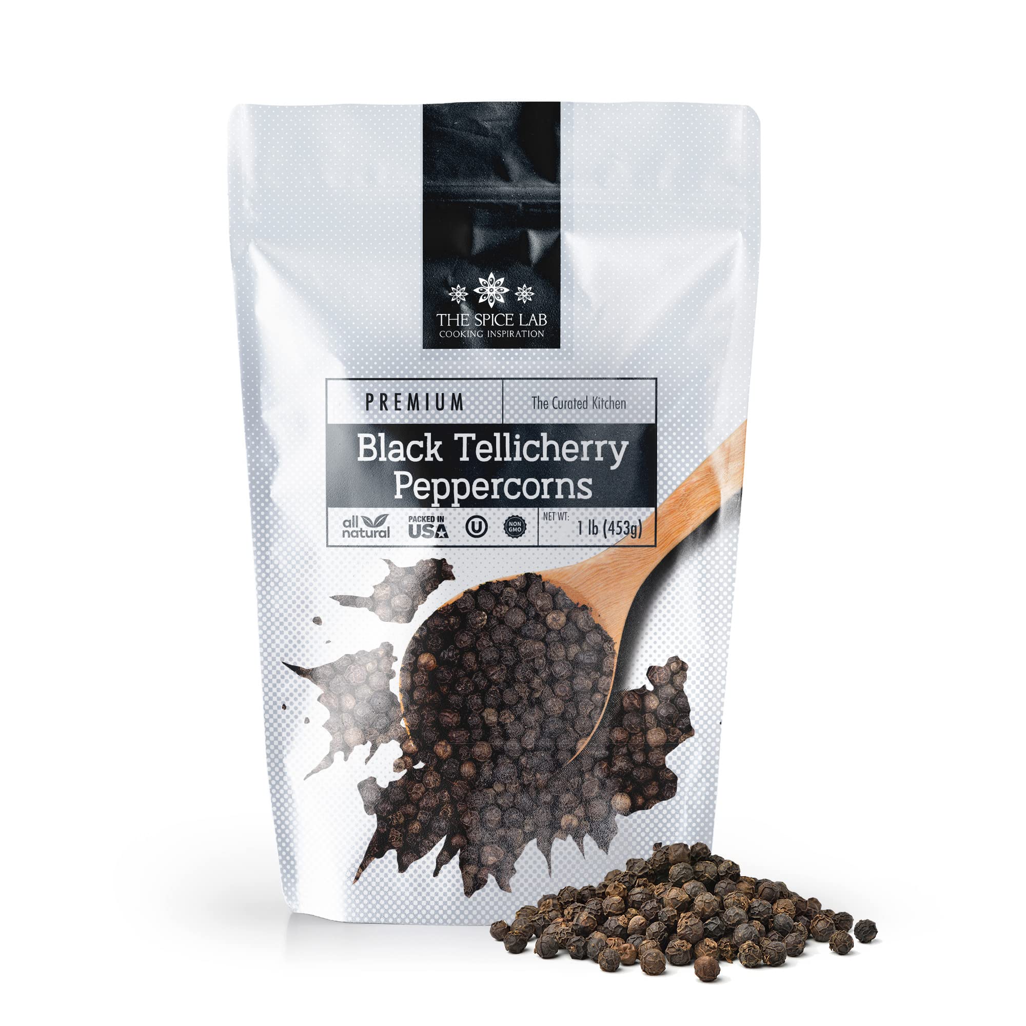 Premium Black Tellicherry Peppercorns for Grinder - 1 lb Resealable Bag | Steam Sterilized, Kosher, Non-GMO, All Natural Black Pepper | Packed in USA | Perfect for Steaks, Soups, Salads & Home Cooking