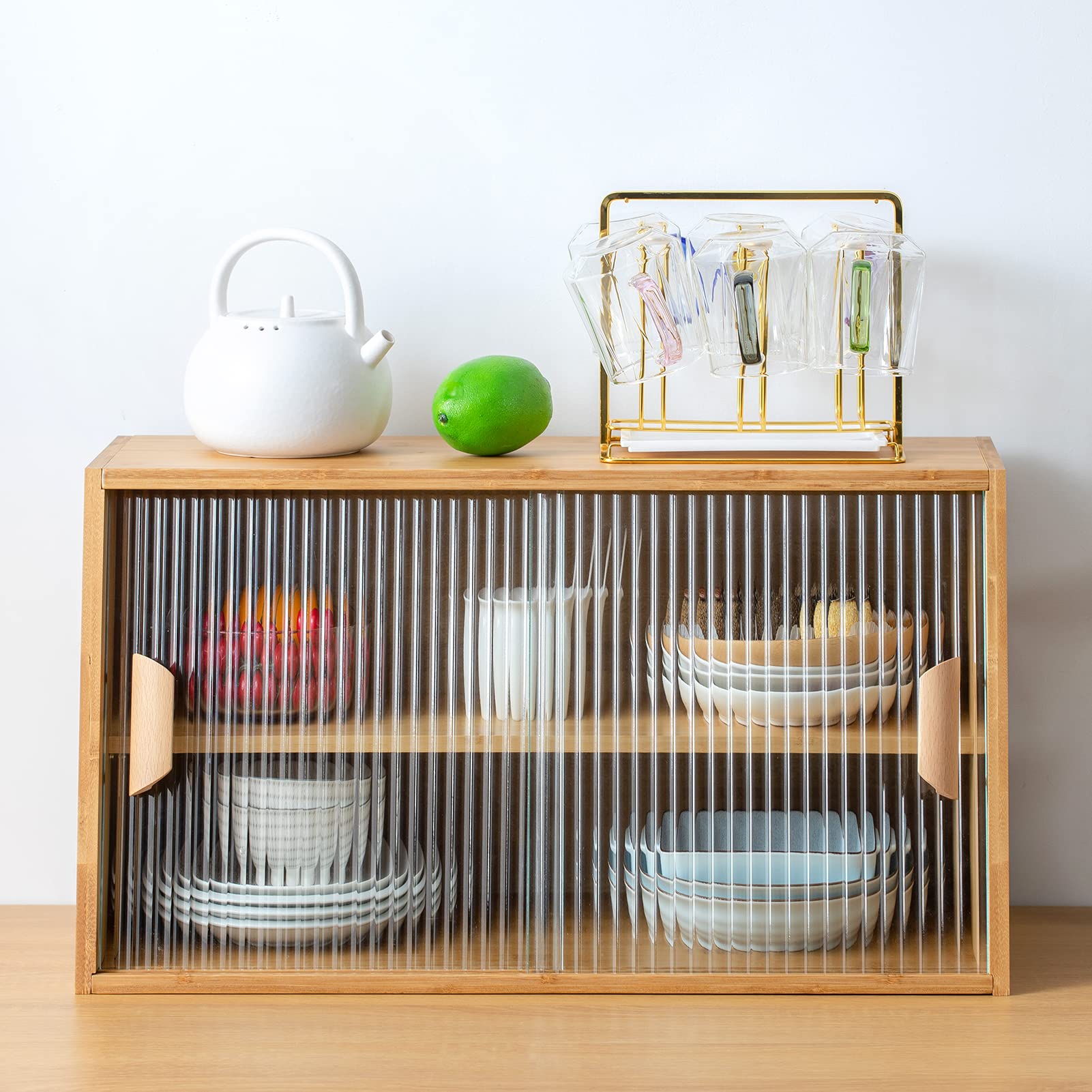 Small Bamboo Kitchen Pantry Cabinet with 2 Sliding Glass Doors - Freestanding Storage for Bottles, Dishes & Bowls - Modern Sideboard for Dining Room, Kitchen or Living Room Organization
