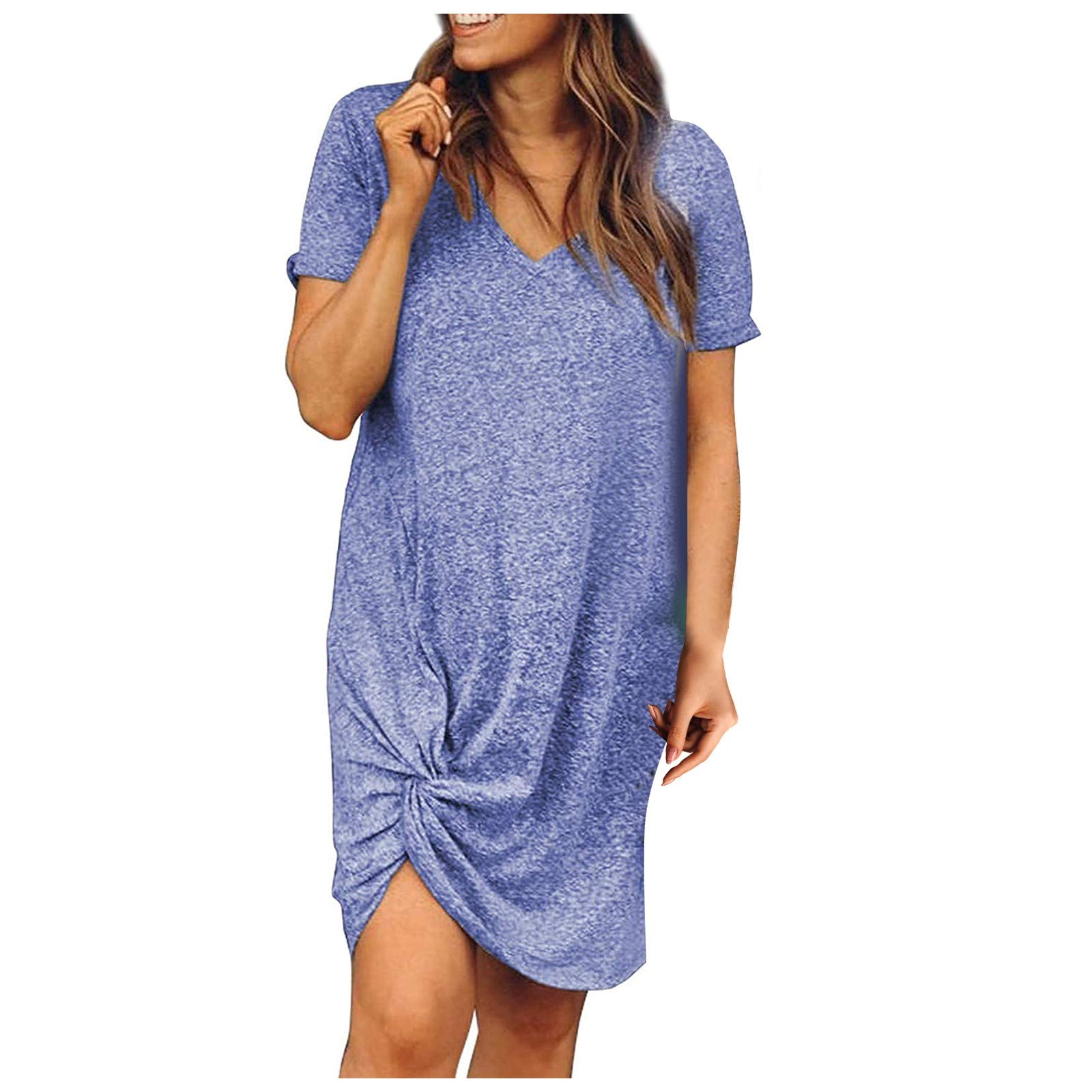 Women's Casual Solid Color Ultra-Soft Knot Twist Tie Shirt Dress - Short Sleeve Beach Mini Dress for Summer Outfits, Vacation Wear & Date Night