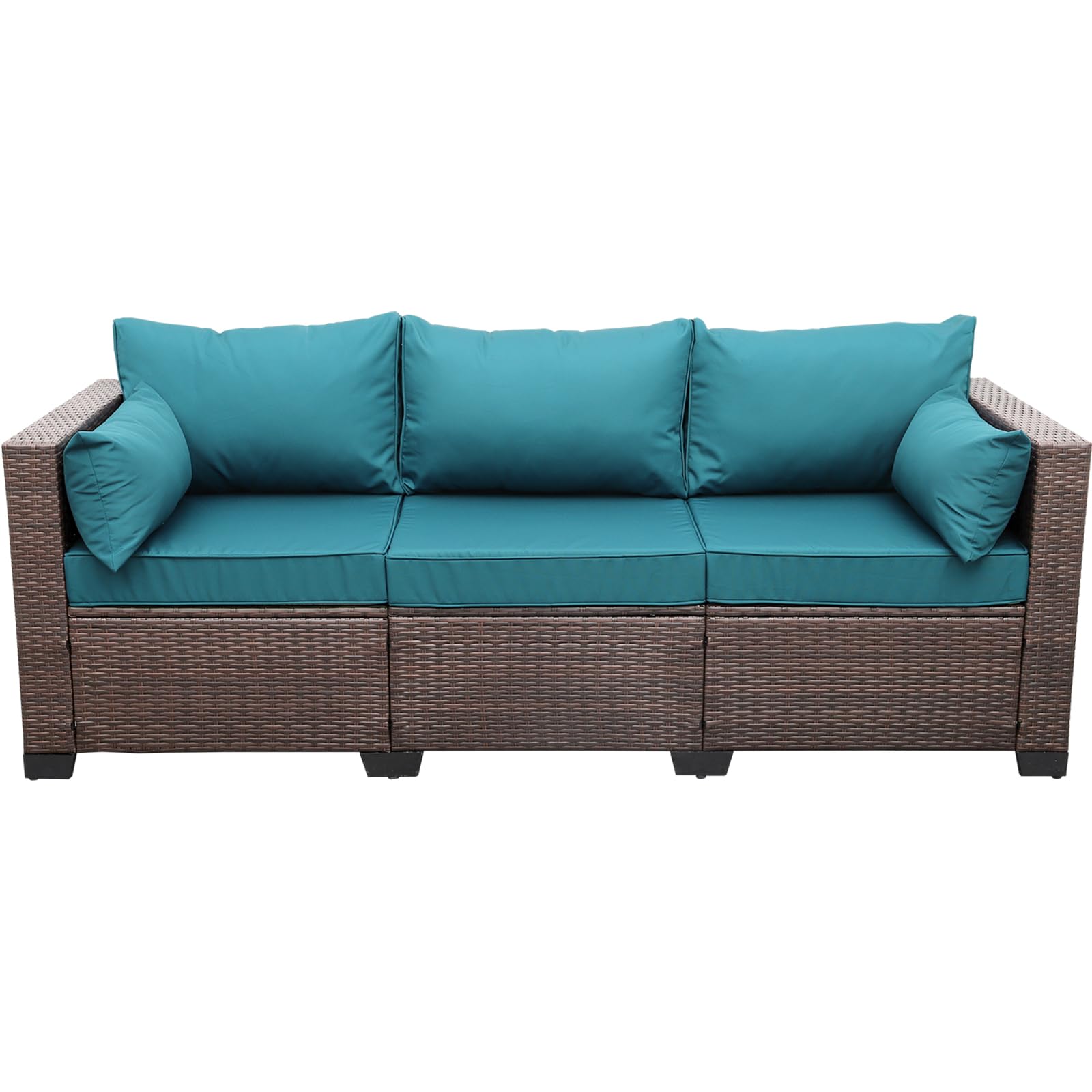 WAROOM 3-Seat Outdoor Patio Sofa Set - PE Wicker Rattan Deep Seating Furniture with Non-Slip Peacock Blue Cushions, Brown - Perfect for Garden, Poolside & Backyard Relaxation