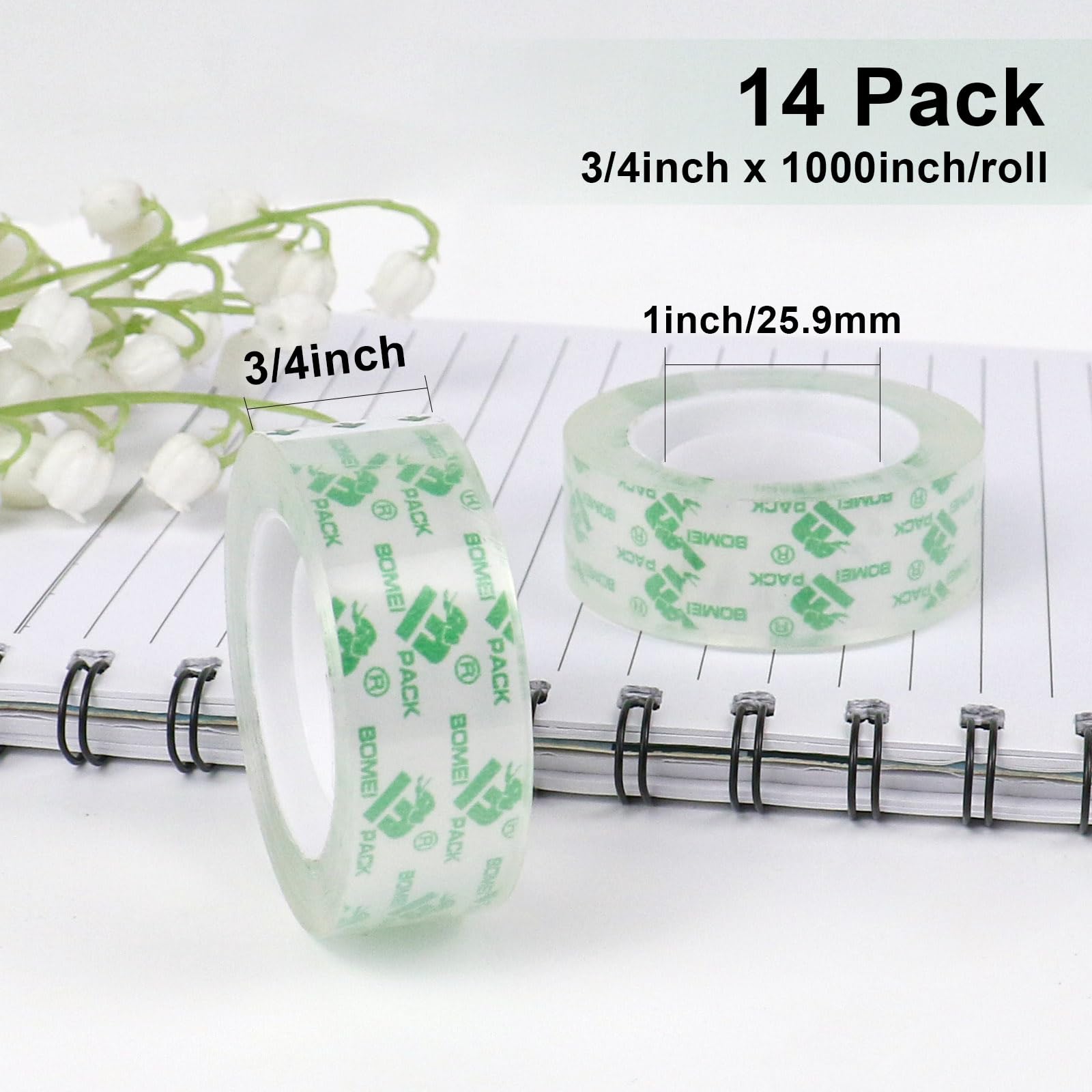 BOMEI PACK 14 Rolls Crystal Clear Tape - 3/4Inch x 1000 Inch Transparent Adhesive Tape Refills for Dispenser - Perfect for Gift Wrapping, Crafts, Home, School & Office Supplies - Strong Hold for Packages, Scrapbooking & DIY Projects