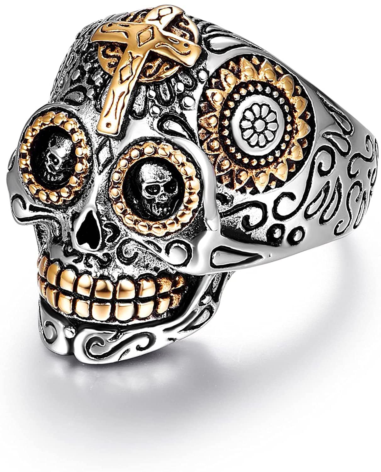LAOYOU Sugar Skull Rings for Men & Women - Stainless Steel Gothic Biker Jewelry, Day of The Dead Inspired Punk Accessories - Perfect for Halloween, Christmas Gifts & Biker Fashion