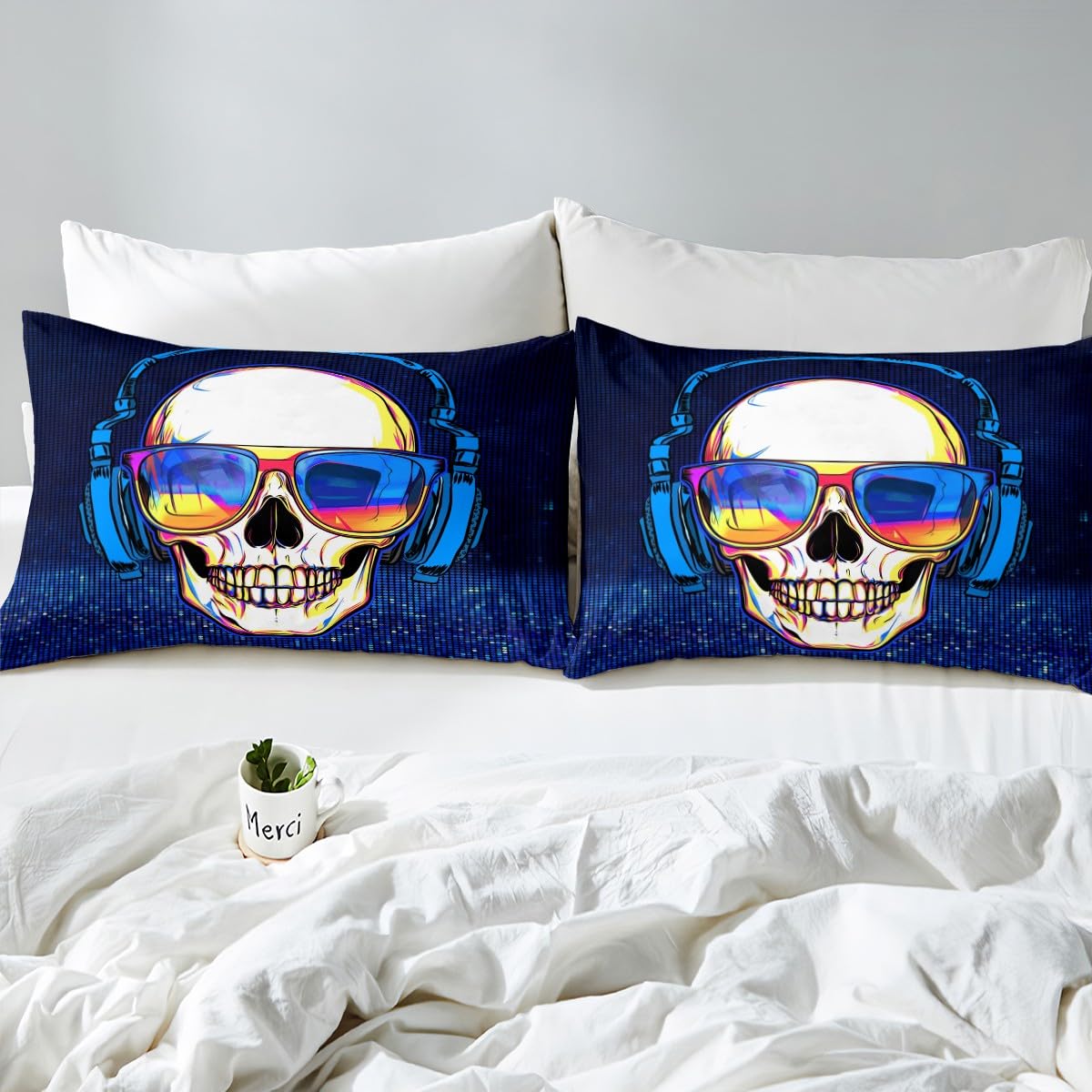 Erosebridal Boys Headset Skull Bedding Set - Full Size Music Skull Comforter Cover, Punk Rock Gothic Skull Duvet Cover for Teen & Adult Bedrooms - Perfect for Rock Music Lovers, Gothic Home Decor & Modern Bedroom Style