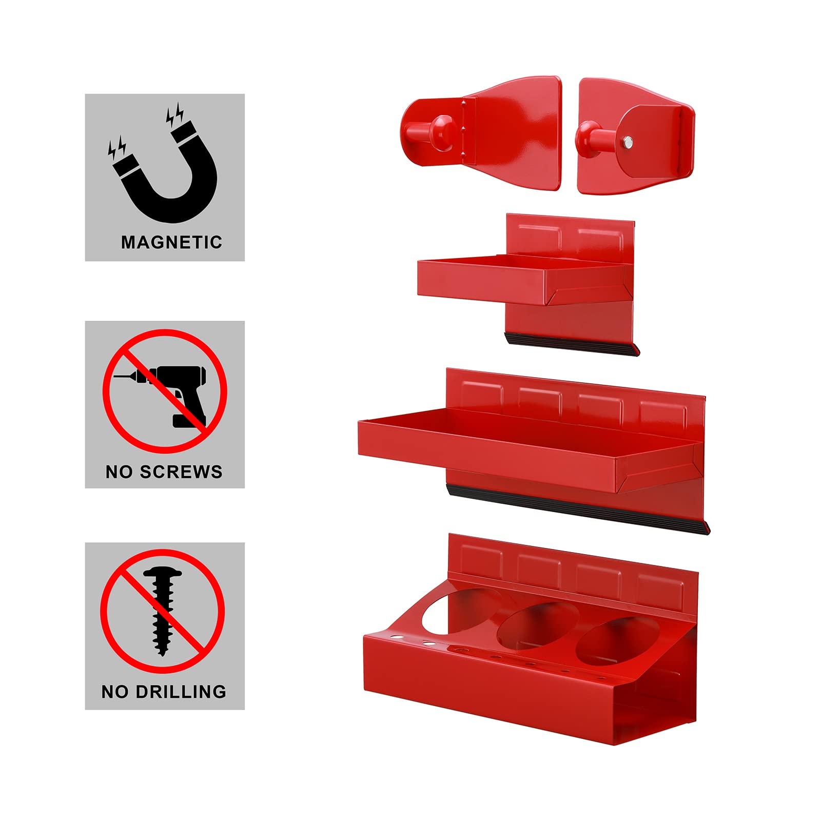 4PCS Magnetic Tool Shelf Set with Tray & Paper Towel Holder - Strong Magnet Organizer for Metal Surfaces - Red - Perfect for Garage, Workshop & DIY Projects