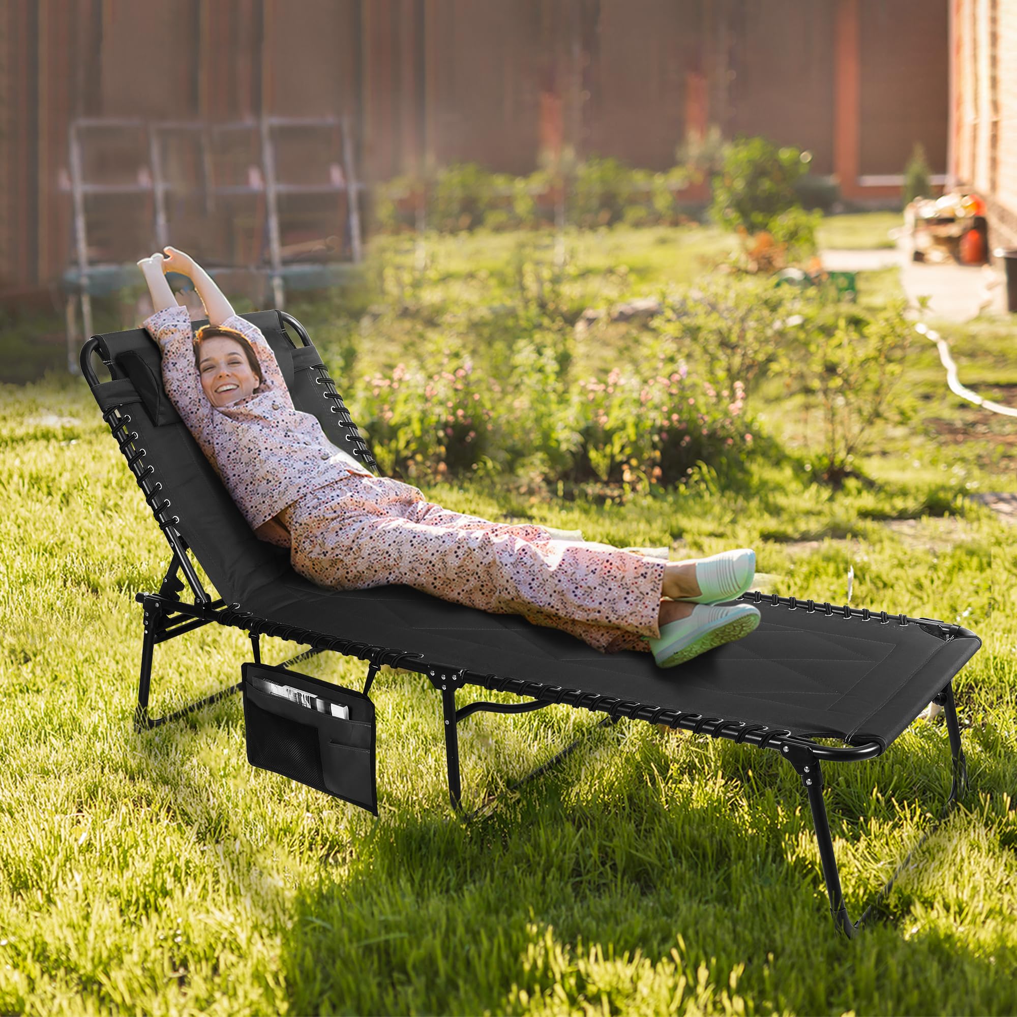 VILLEY Oversized Padded Chaise Lounge Chair with Cushion - Foldable Camping Cot & Patio Recliner - Portable Folding Sleeping Bed for Outdoor, Indoor, Backyard, Garden - Perfect for Camping, Beach Tanning, Poolside Relaxation & Sunbathing