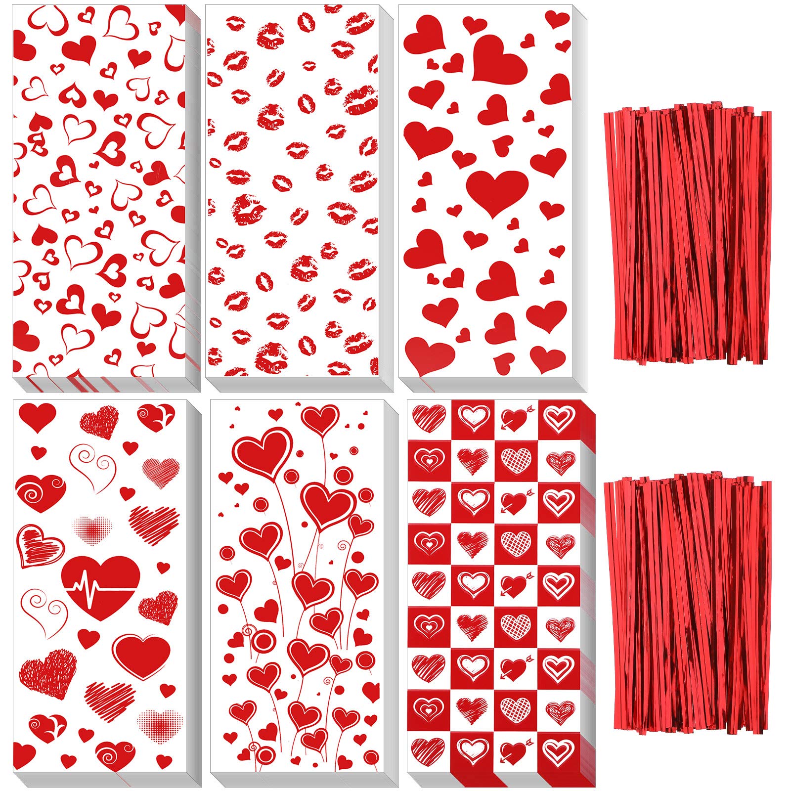 150-Piece Valentine's Day Cellophane Candy Bags with 200 Twist Ties - Heart-Shaped Treat Bags for Valentine's Party Favors, Holiday Gifts & Candy Packaging - Perfect for Classroom Exchanges, Wedding Favors & Birthday Party Treats