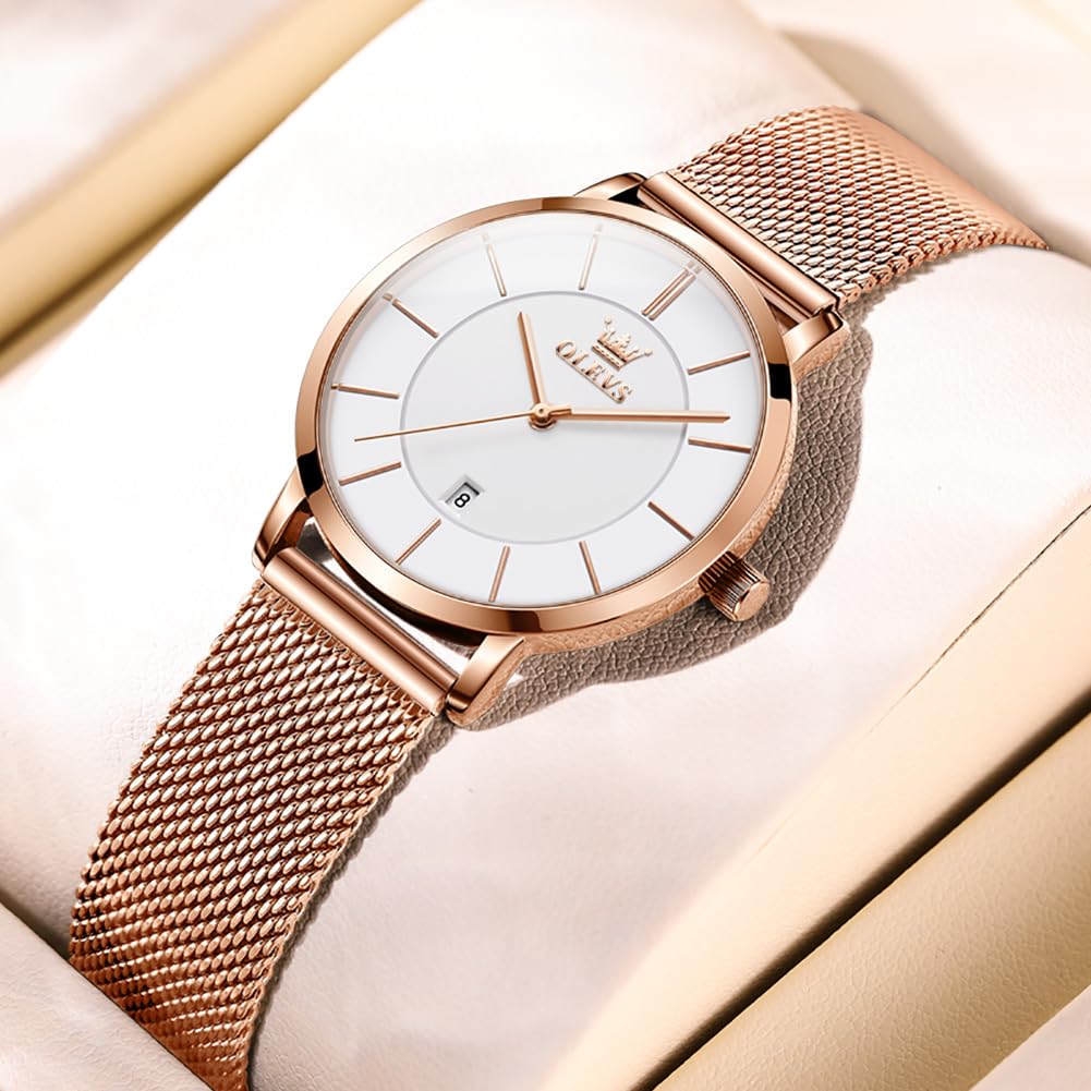 OLEVS Women's Ultra Thin Watch with Big Dial, Stainless Steel Mesh Strap, Japanese Quartz Movement, Waterproof Dress Watch with Date Display - Perfect for Office, Party & Everyday Wear