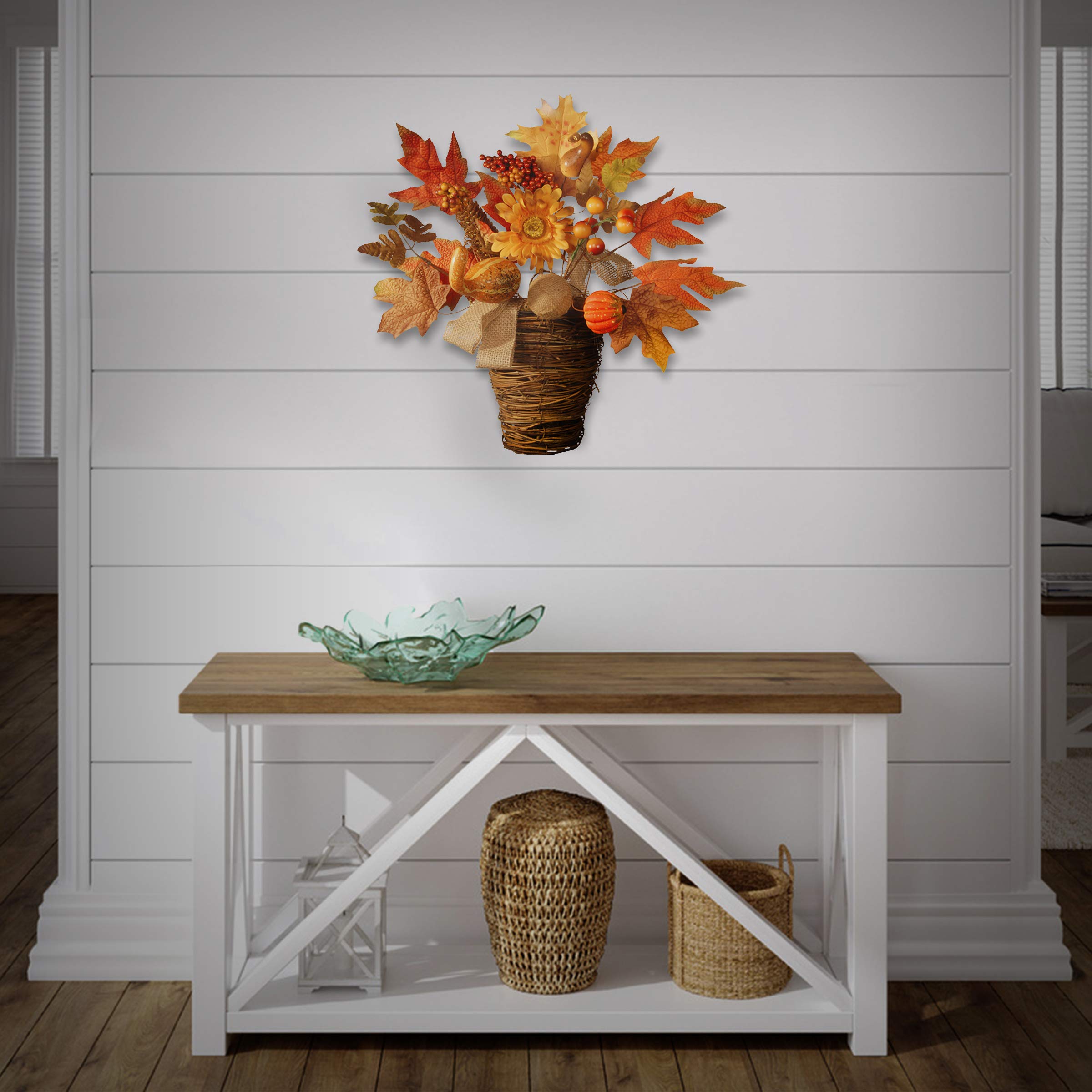 National Tree Company 16-inch Artificial Fall Flowers in Wicker Basket - Autumn Decor with Pumpkins, Gourds, Berries, Burlap & Maple Leaves - Perfect for Thanksgiving Table Centerpiece, Porch Decor, and Seasonal Home Decoration