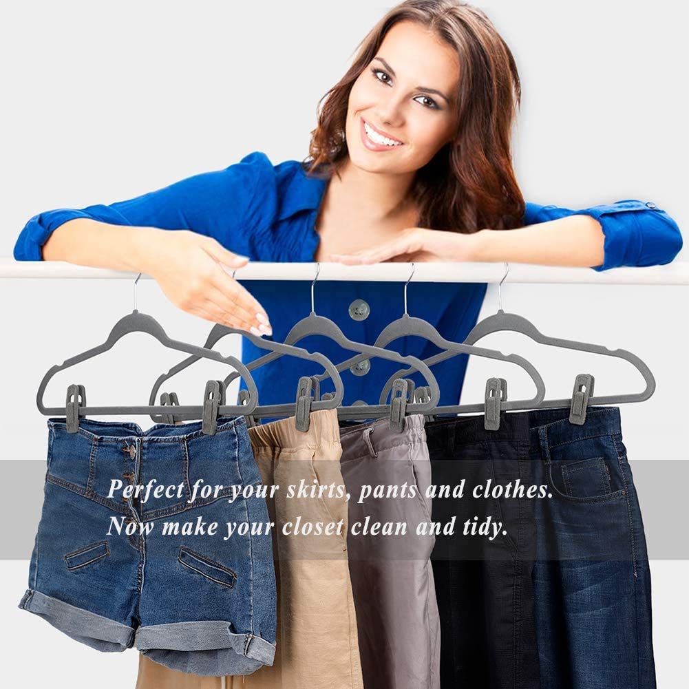 40 PCS Gray Non-Slip Velvet Hanger Clips - Skirt & Pants Hangers for Slim Velvet Hangers, Perfect for Closet Organization & Space Saving