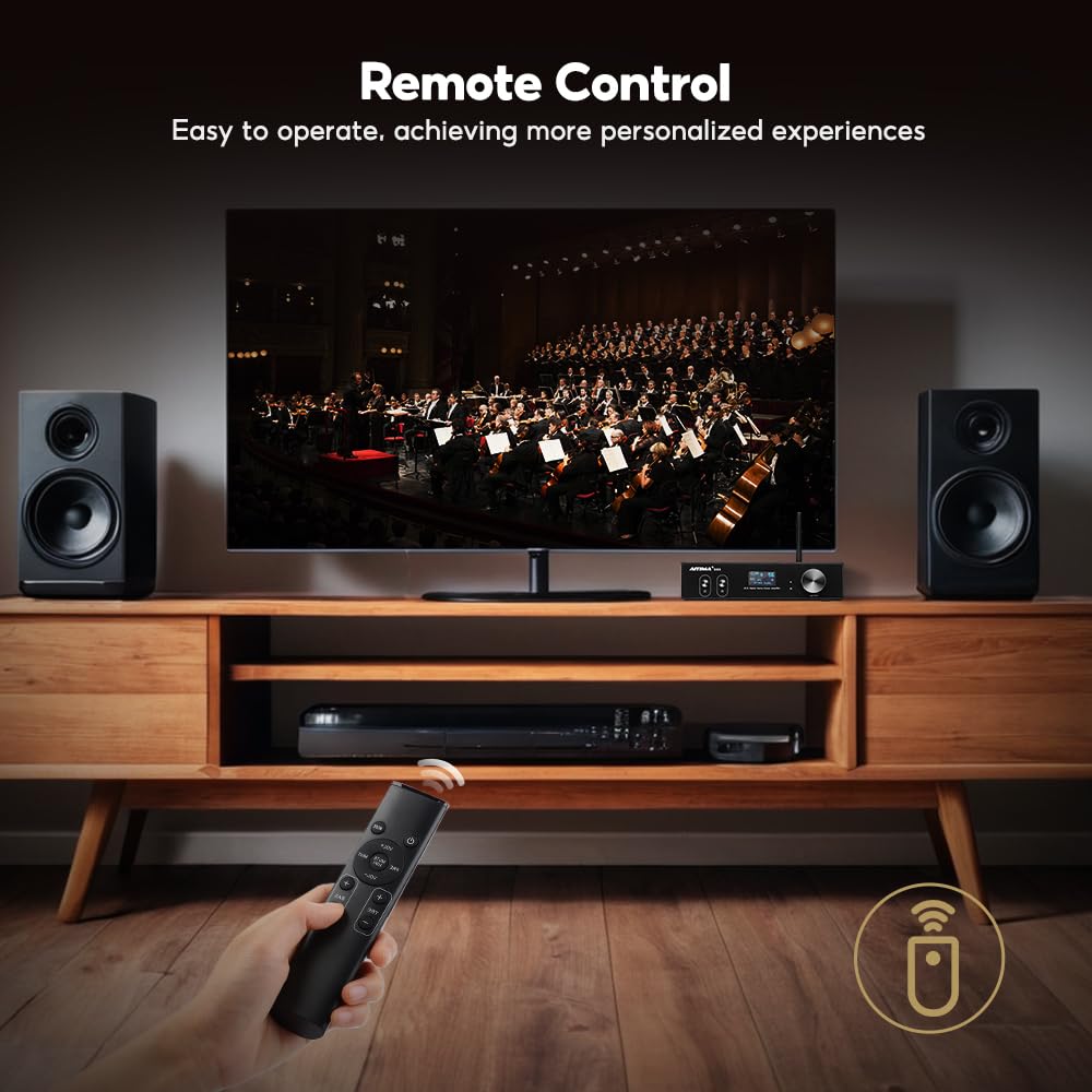 AIYIMA D03 Bluetooth 5.0 Stereo Amplifier - 150W x 2 HiFi Power Amp with DAC, 24Bit/192kHz, USB/Coaxial/Optical Inputs, OLED Display, AptX HD, Remote Control - Perfect for Home Theater, Music Studio & Subwoofer Systems