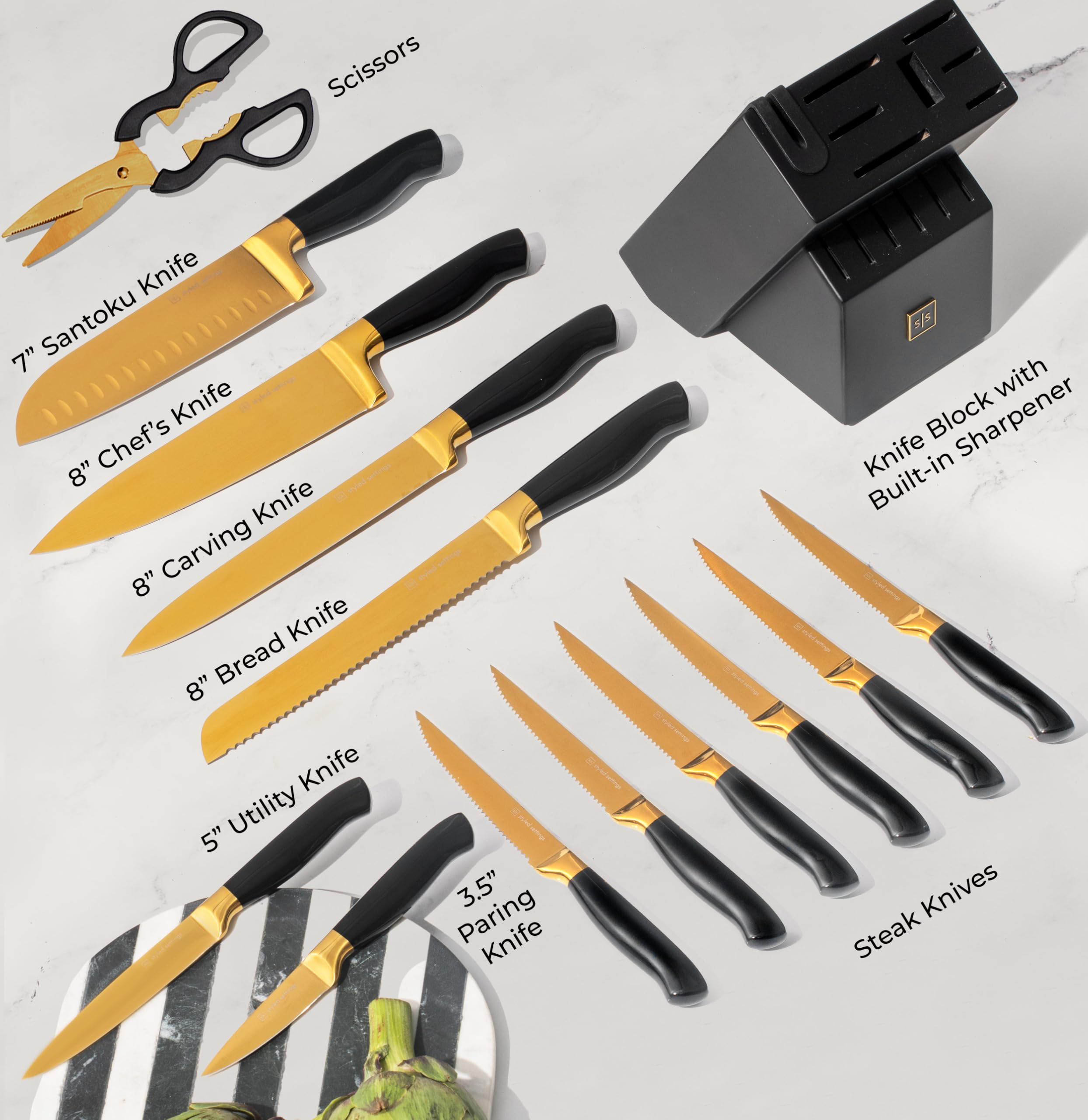 Premium 14-Piece Black & Gold Knife Set with Wooden Block & Built-in Sharpener - Full Tang Kitchen Knives for Cooking, Slicing & Food Prep - Luxury Gold Kitchen Accessories Gift Set for Chefs & Home Cooks - Perfect for Holiday Gifting, Wedding Registry & Professional Kitchens