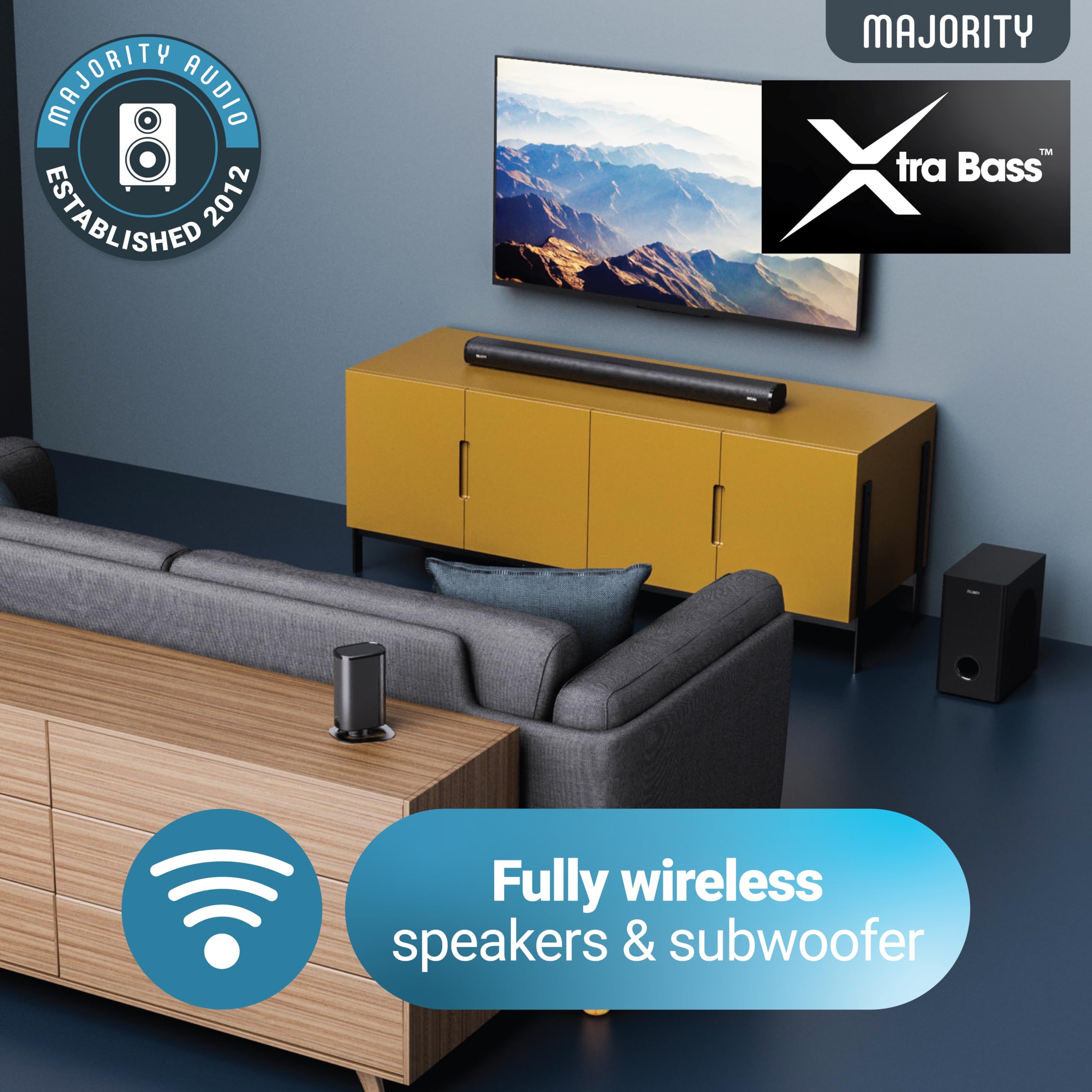 Majority Everest Arc 5.1 Wireless Home Theater System - Dolby Audio Soundbar with 300W Subwoofer & Detachable Satellite Speakers | Optical/AUX/HDMI Connectivity for Smart TVs - Perfect for Movie Nights & Gaming Setup
